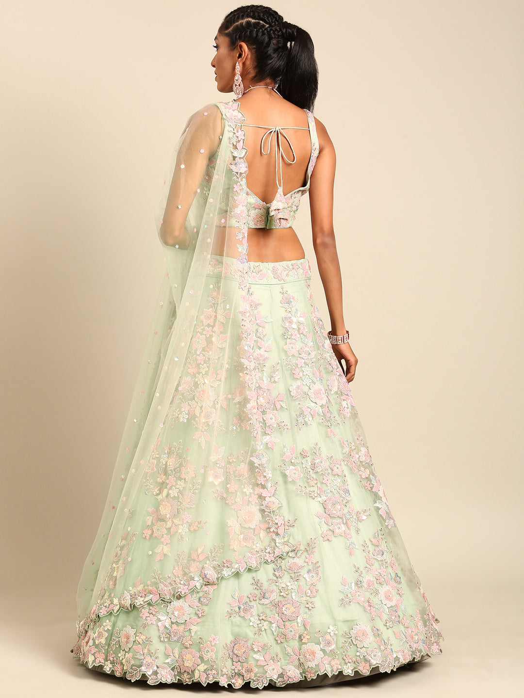House of Panchhi Lime Green Net Sequins with heavy Zarkan embroidery Lehenga choli & Dupatta | Swadesiicart