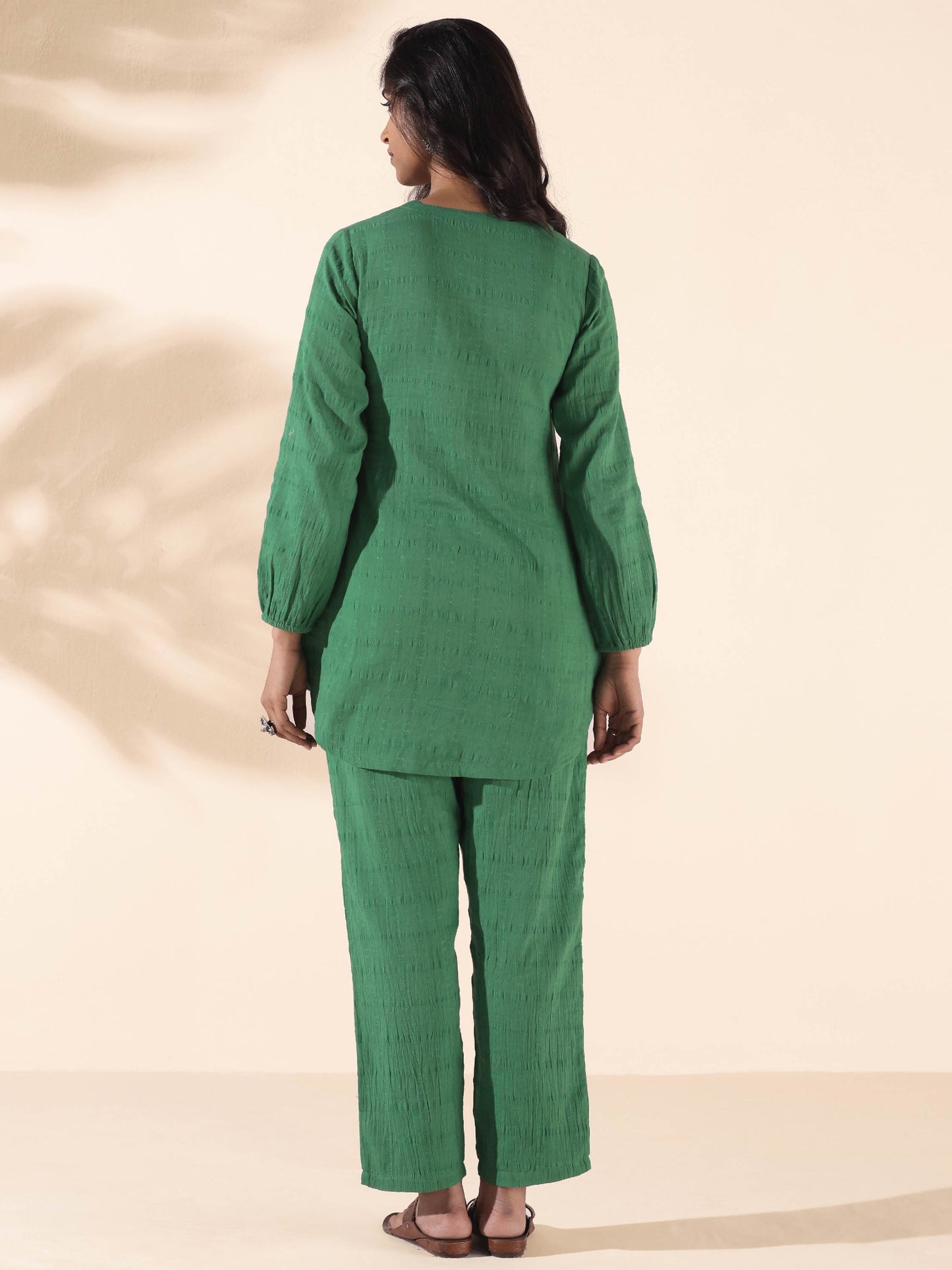 trueBrowns Green Cotton Dobby Relaxed Co-ord Set - Swadesiicart