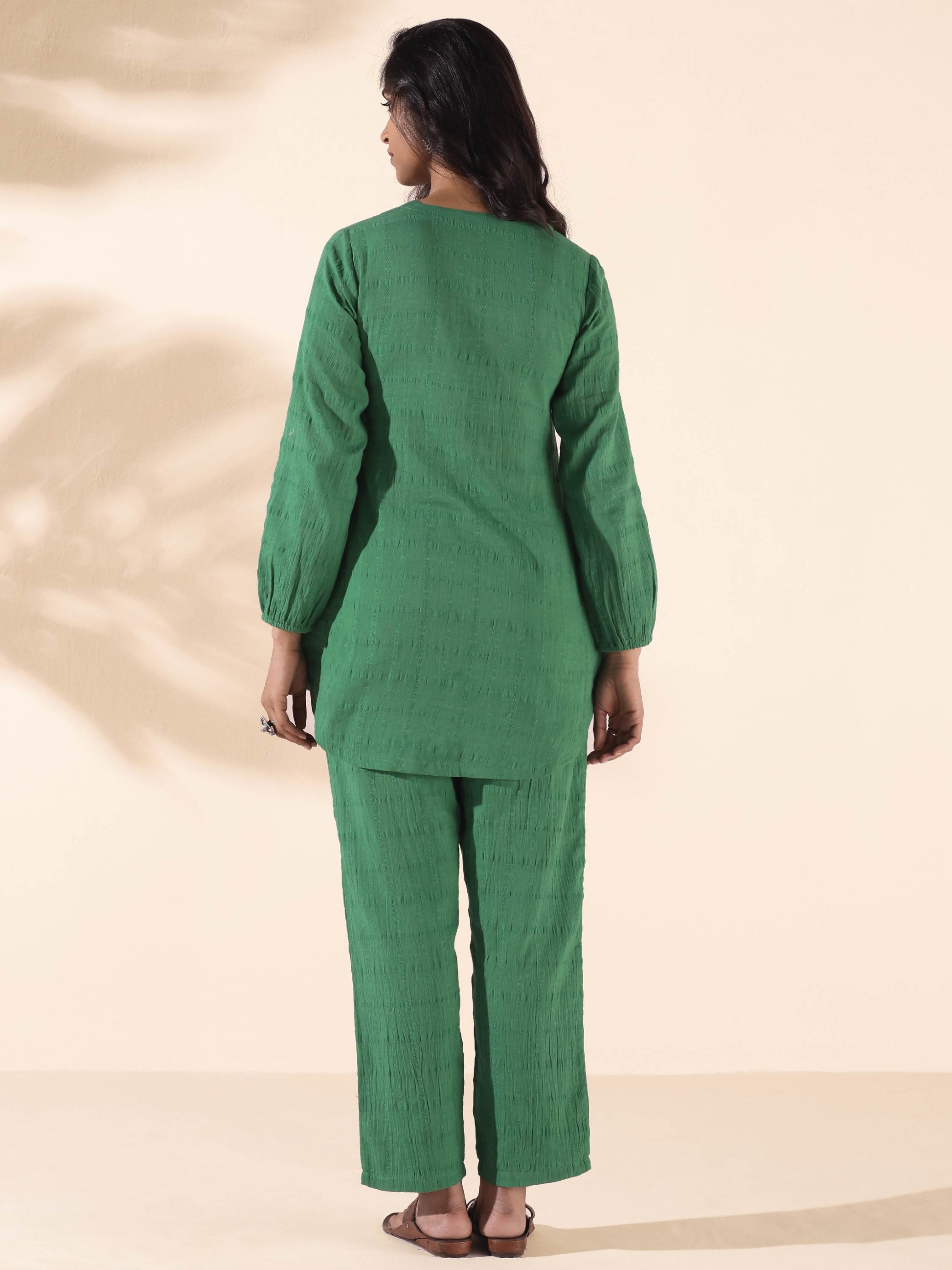 trueBrowns Green Cotton Dobby Relaxed Co-ord Set - Swadesiicart