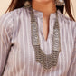 InWeave Women's Light Grey Lurex Kantha Mandarin Neck Kurta Palazzo Set - Swadesiicart