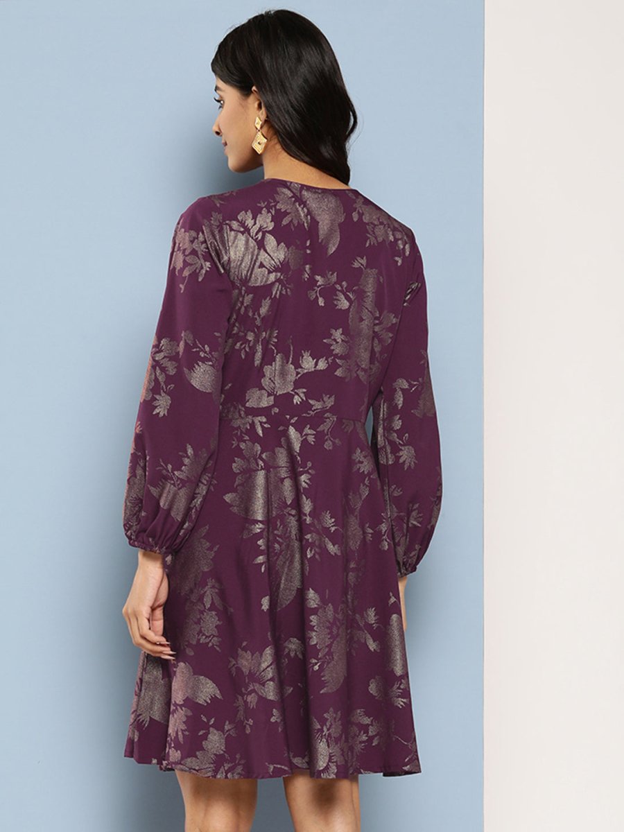 Ahalyaa Floral Print Puff Sleeves Empire Crepe Ethnic Dress | Swadesiicart
