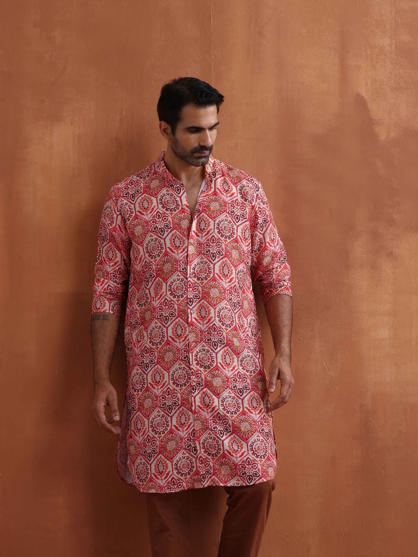 trueBrowns Men's Beige Printed Front Open Kurta | Swadesiicart