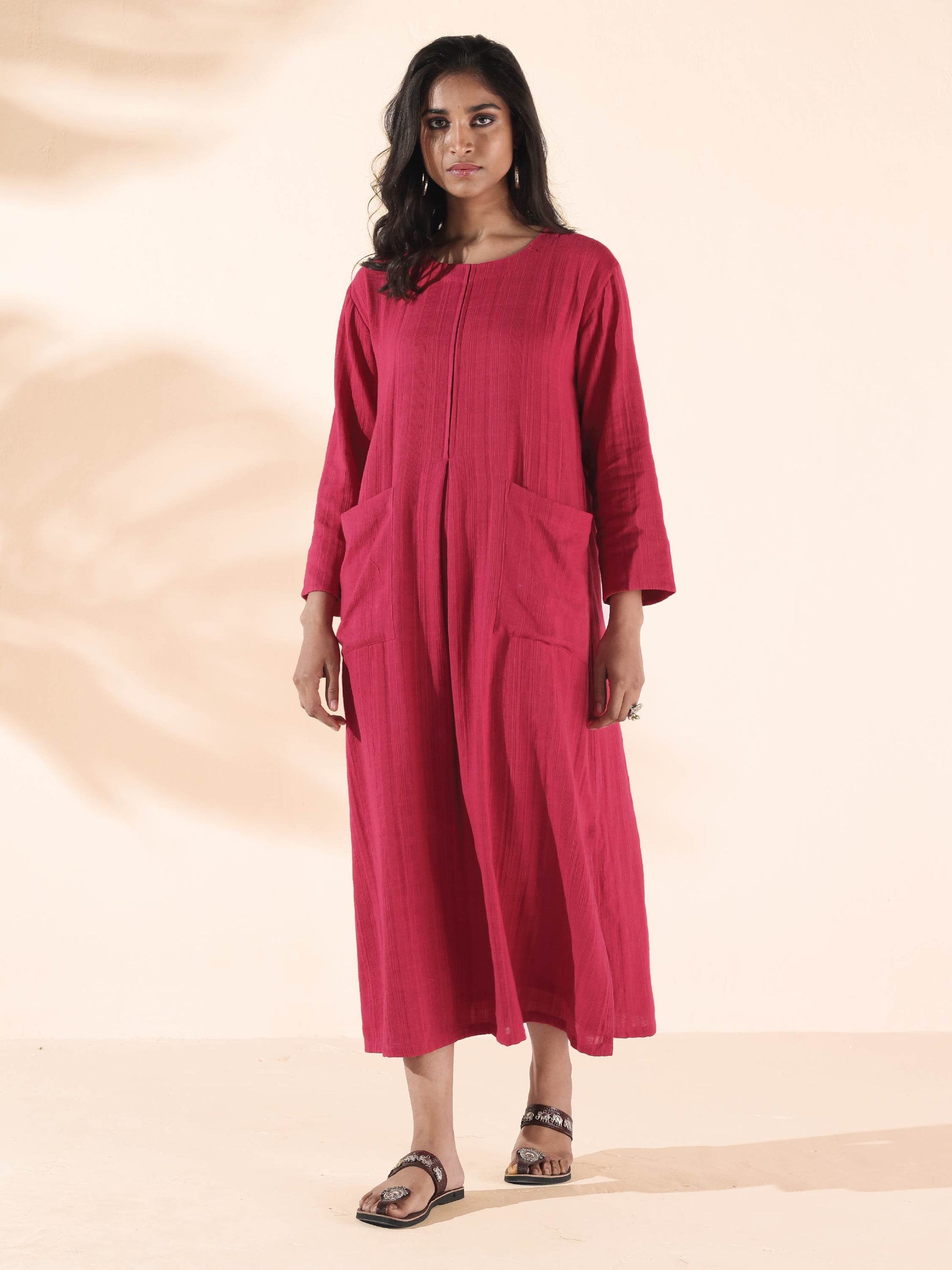 trueBrowns Carrot Cotton Dobby Pocket Dress | Swadesiicart