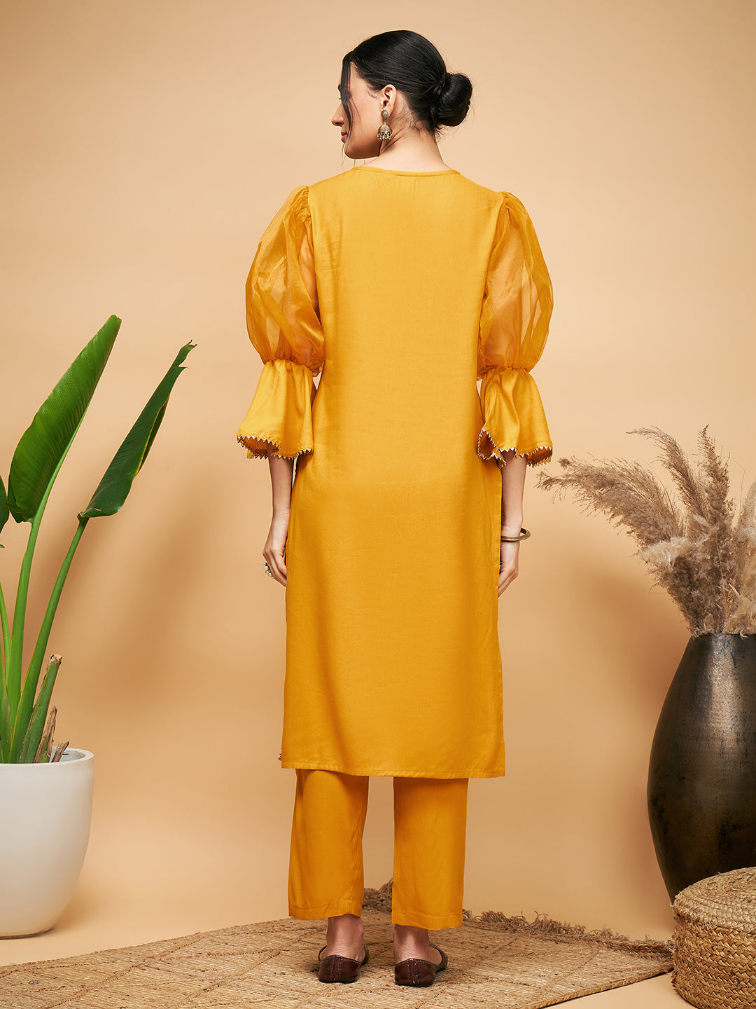 InWeave Women's Mustard Organza Sleeve Kurta Set - Swadesiicart