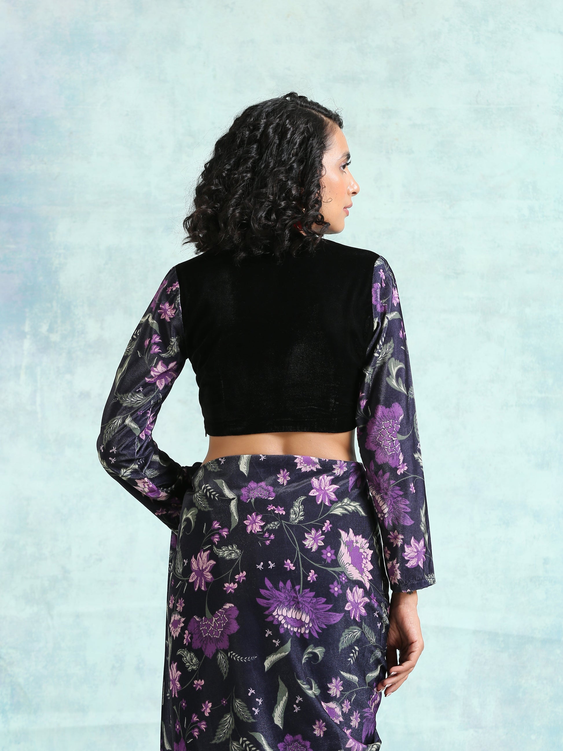 trueBrowns Black Printed Sleeve Velvet Blouse | Swadesiicart