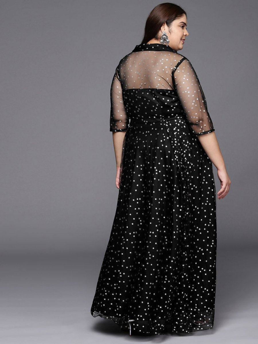 Ahalyaa Plus Size Printed Net V-neck Maxi Ethnic Dress | Swadesiicart