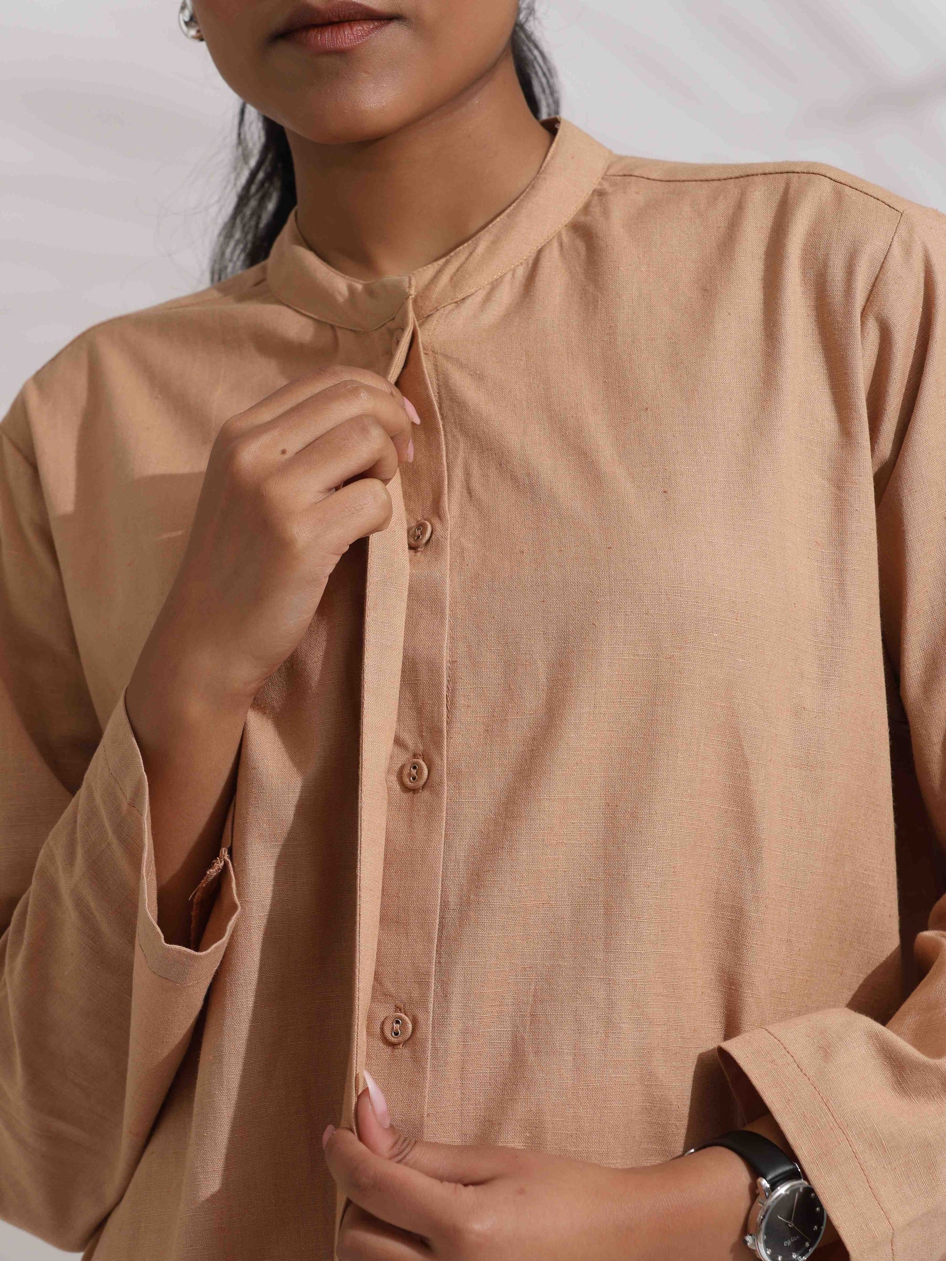 trueBrowns Beige Cotton Embroidered Shirt Top Co-ord Set - Swadesiicart