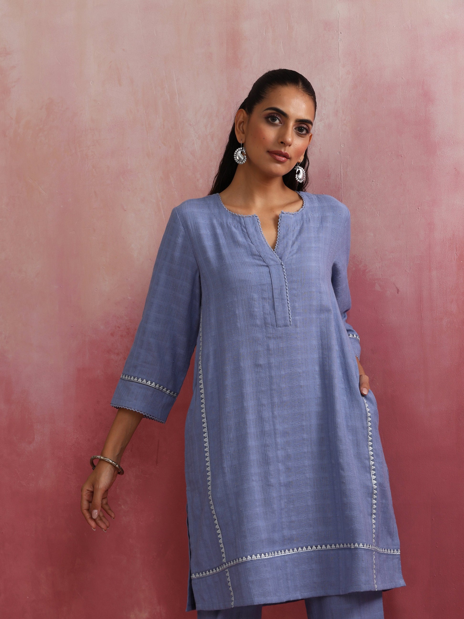 trueBrowns Sky BLue Cotton Kurta Co-ord set - Swadesiicart