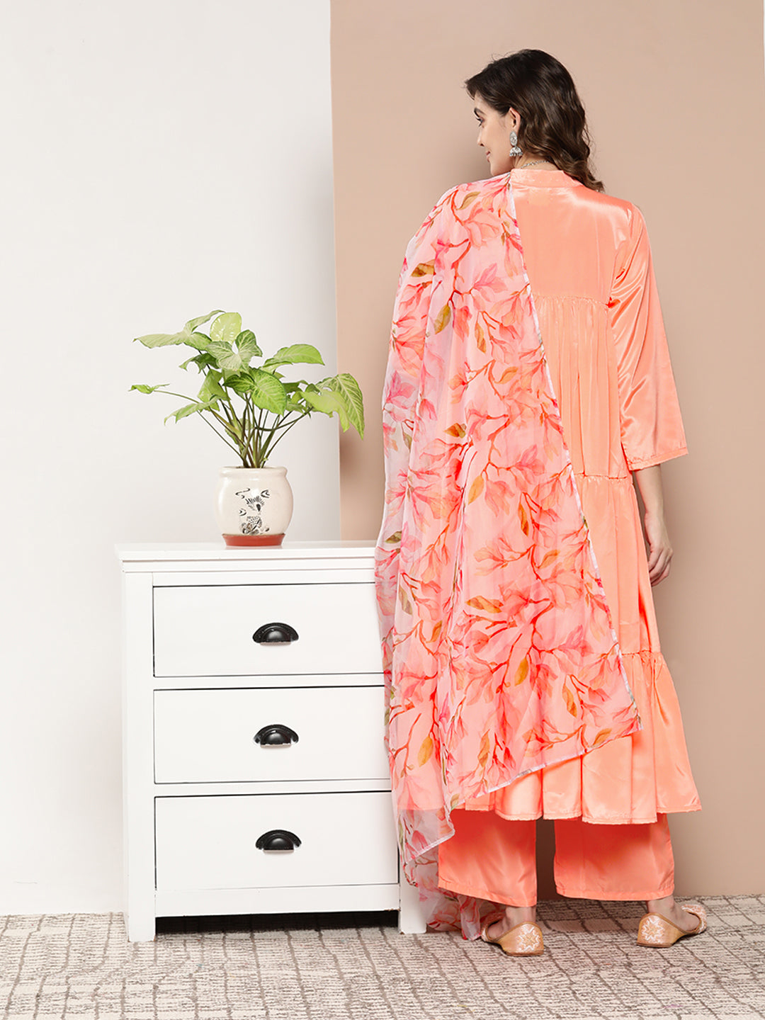 InWeave Women's Peach Tiered Anarkali Kurta Set - Swadesiicart
