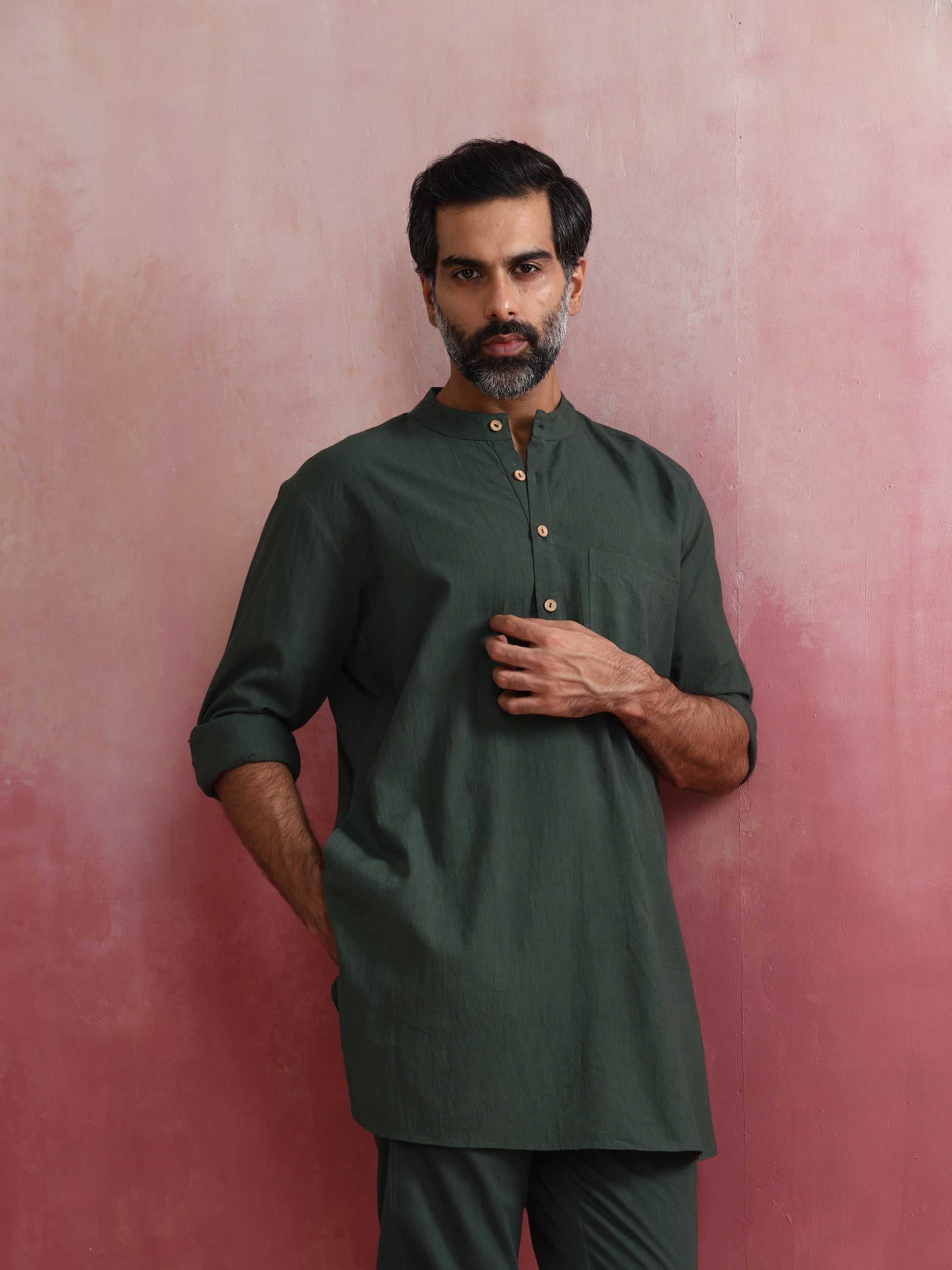 trueBrowns Men's Green Cotton Mandarin Collar Kurta Co-ord set - Swadesiicart