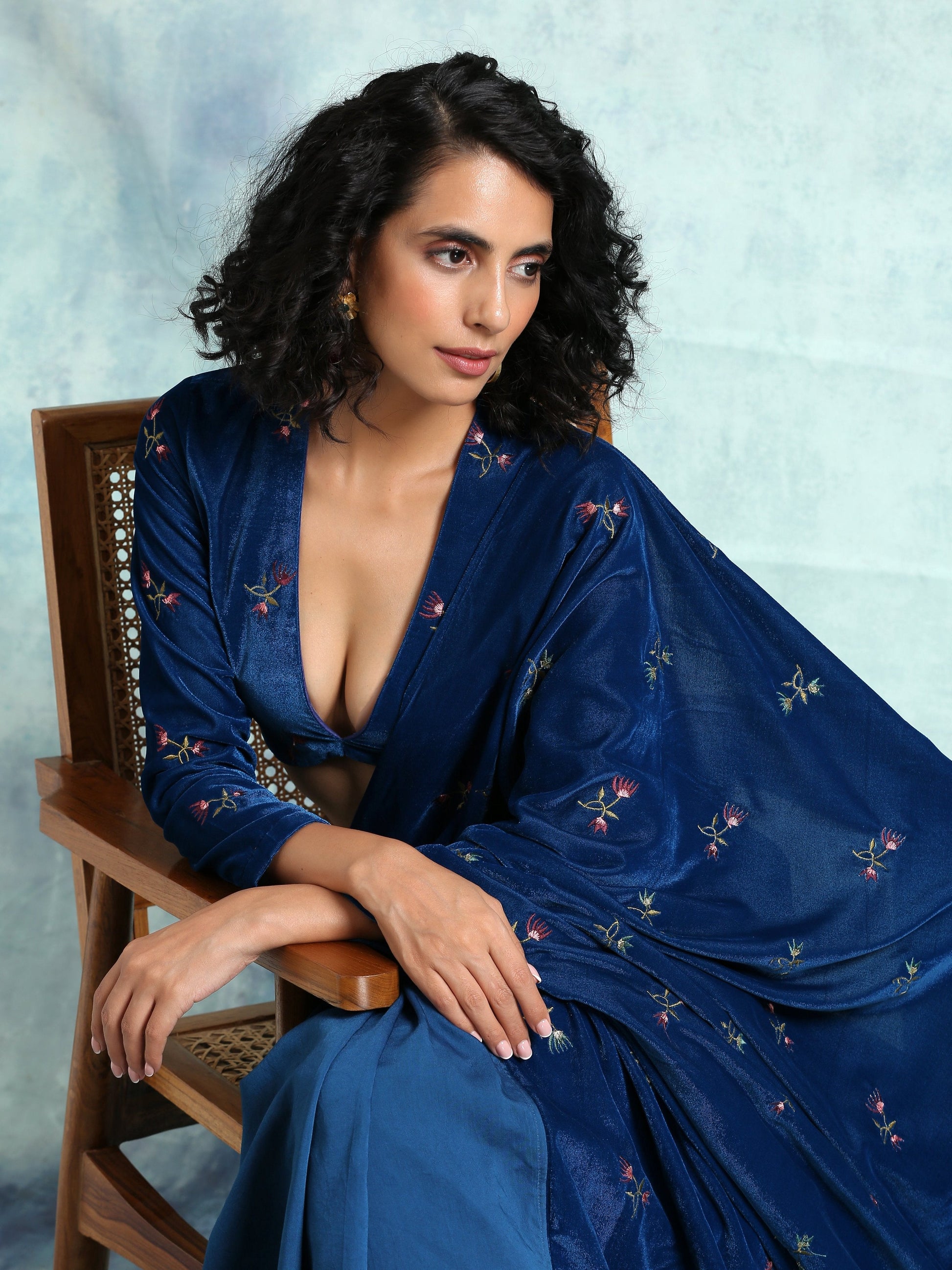 trueBrowns Blue Embroidered Velvet Blouse | Swadesiicart