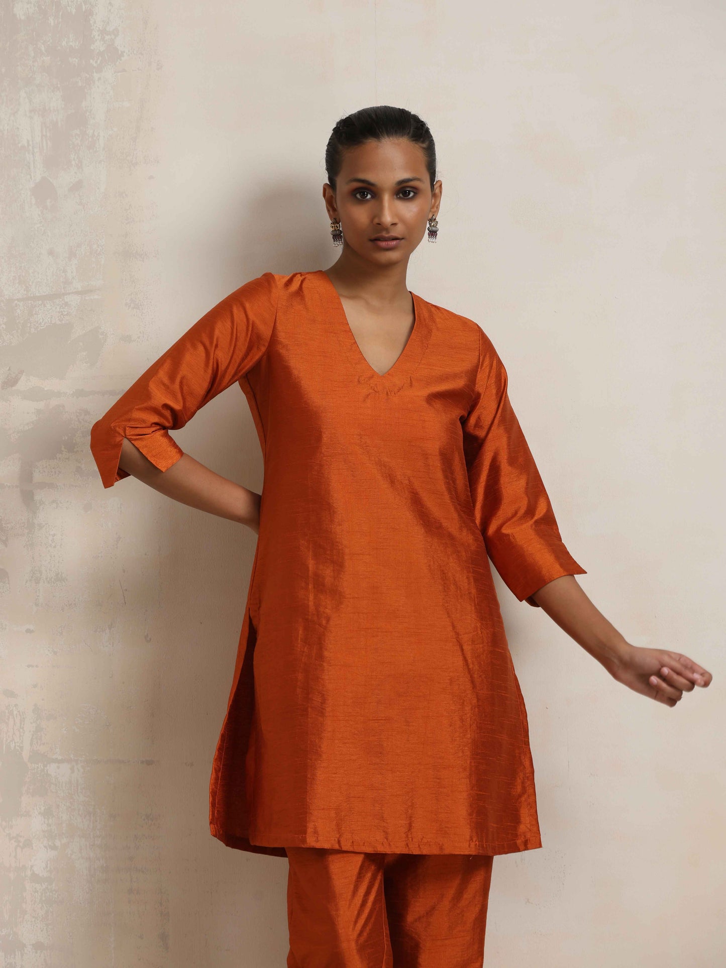 trueBrowns Orange Silk Kurta Co-ord Set - Swadesiicart