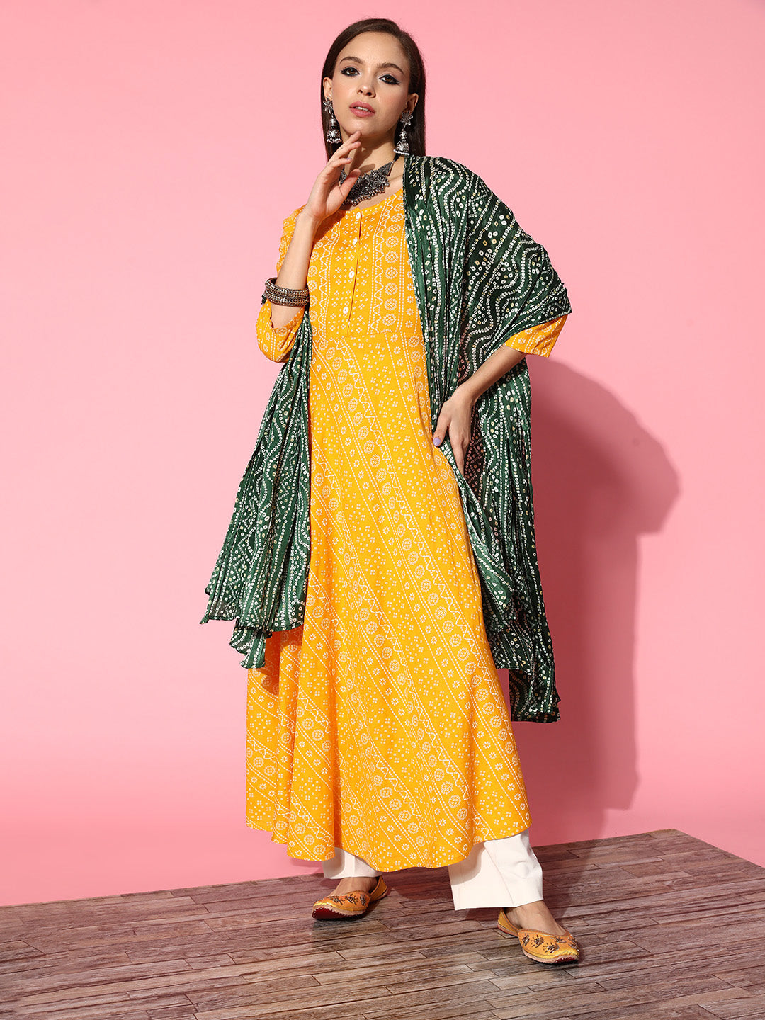 InWeave Women's Yellow Bandhani Long Anarkali Kurta With Green Bandhani Dupatta - Swadesiicart