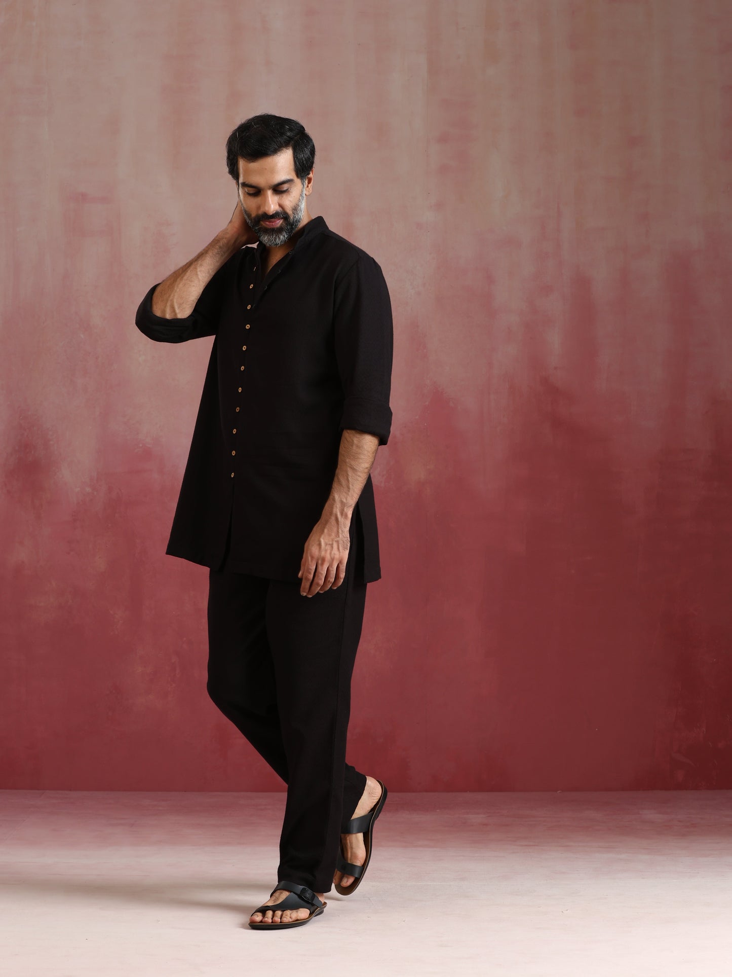 trueBrowns Men's Black Cotton Dobby Kurta Co-ord Set - Swadesiicart
