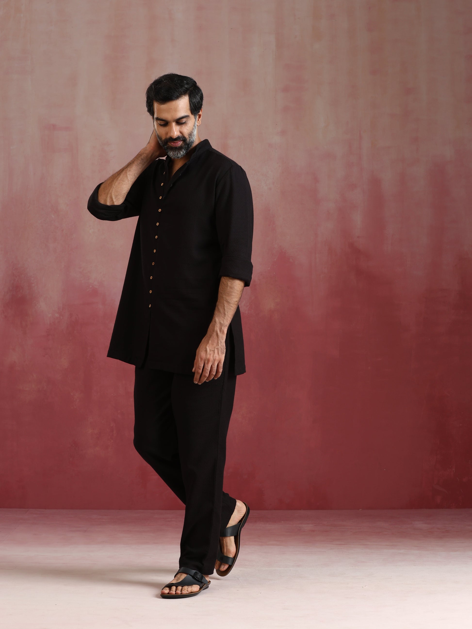 trueBrowns Men's Black Cotton Dobby Kurta Co-ord Set - Swadesiicart