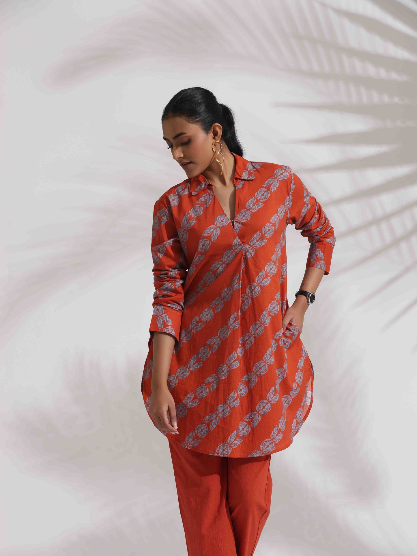 trueBrowns Orange Cotton Print Co-ord Set - Swadesiicart