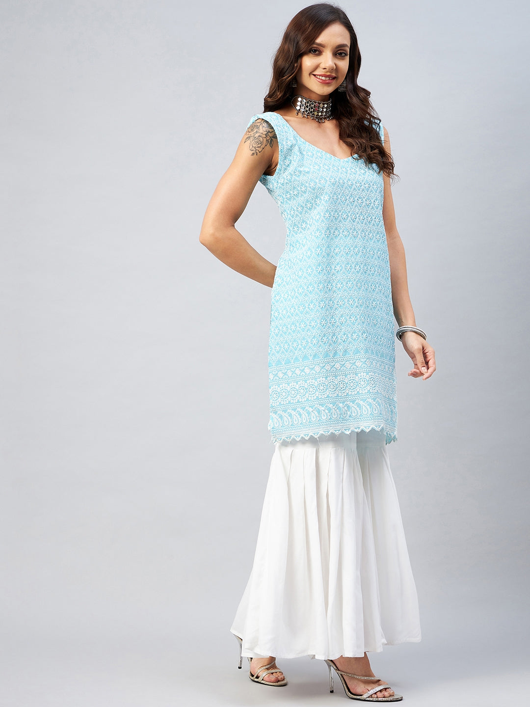 InWeave Women's Sky Blue Sweetheart Neckline Kurta - Swadesiicart