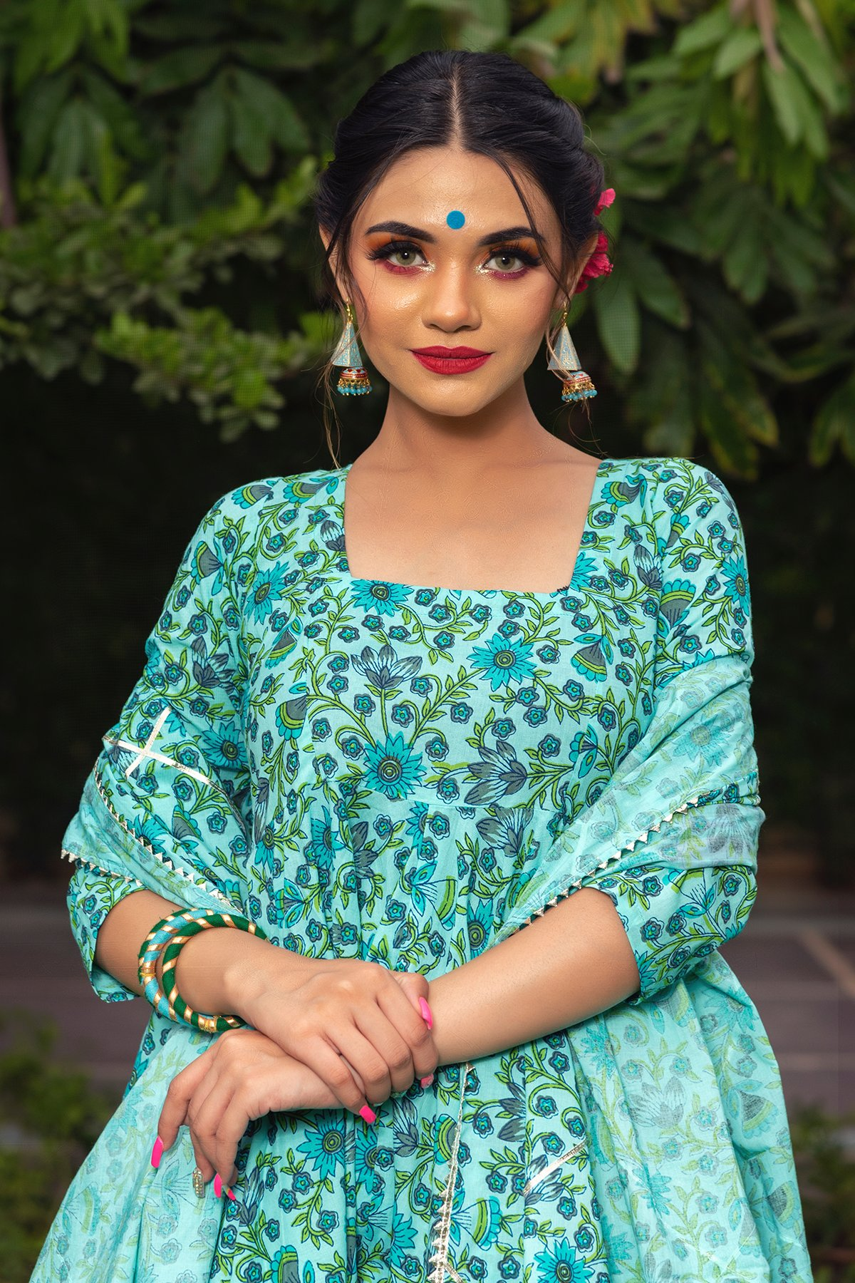 Pomcha Jaipur Morni Hand Block Cotton Anarkali Set | Swadesiicart