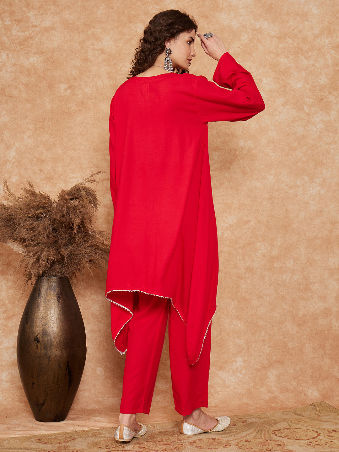 InWeave Women's Red Square Maroon Patch Work Assymentrical Kurta Set - Swadesiicart
