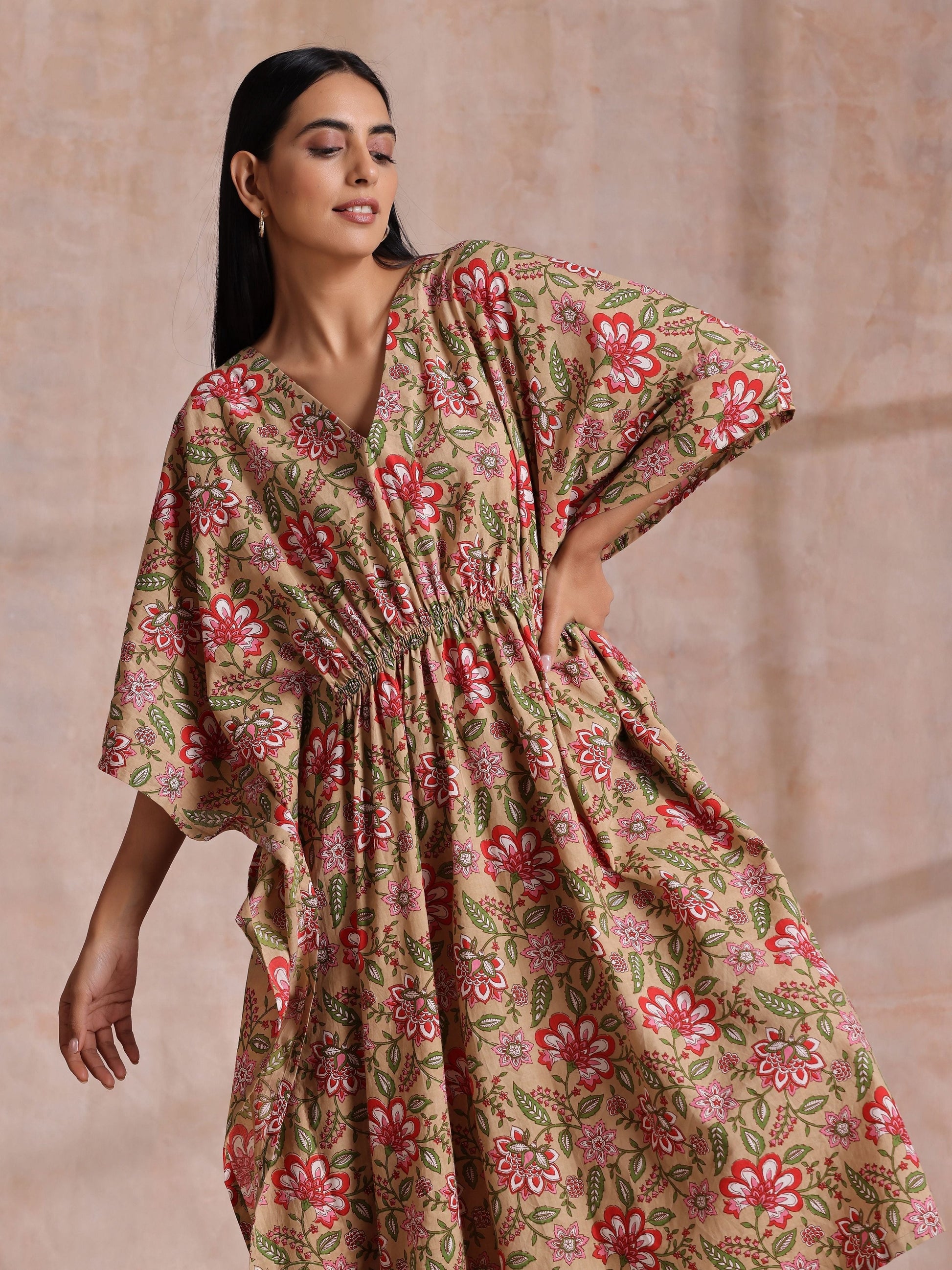 trueBrowns Beige Overall Big Floral Block Print Cotton Kaftan Dress | Swadesiicart