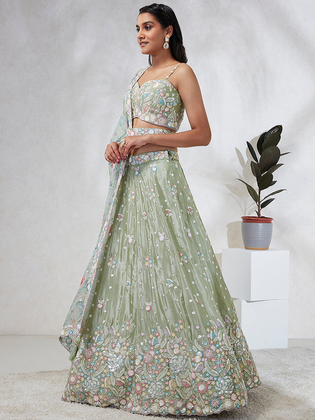 House of Panchhi Lime Green Chiffon Sequins And Thread Embroidery Lehenga Choli & Dupatta | Swadesiicart