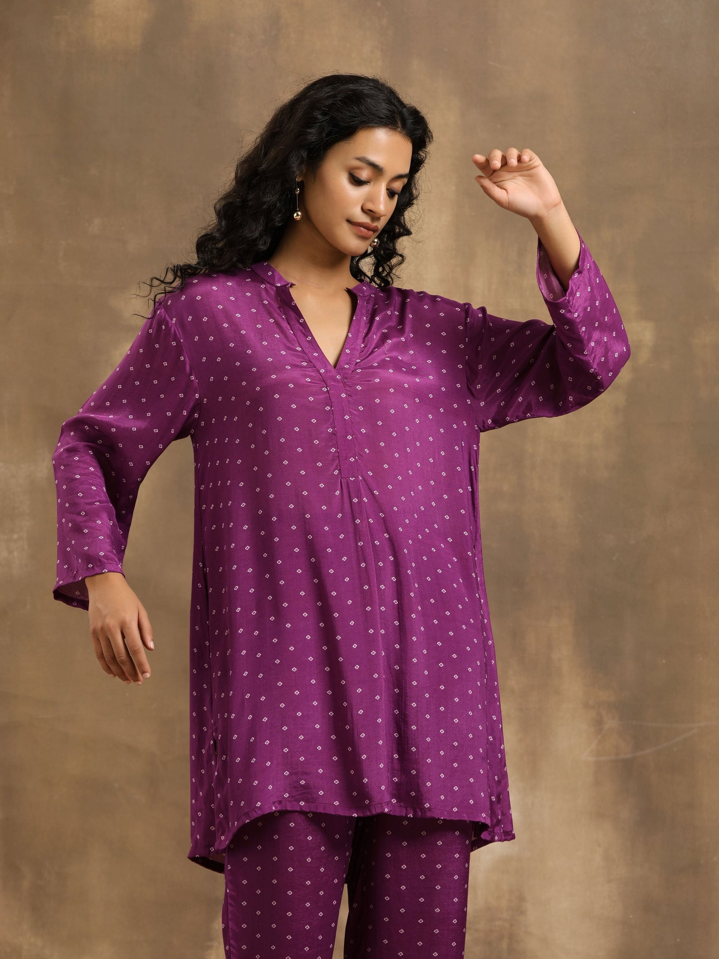 trueBrowns Purple Bandhani Printed Silk Co-Ord Set - Swadesiicart