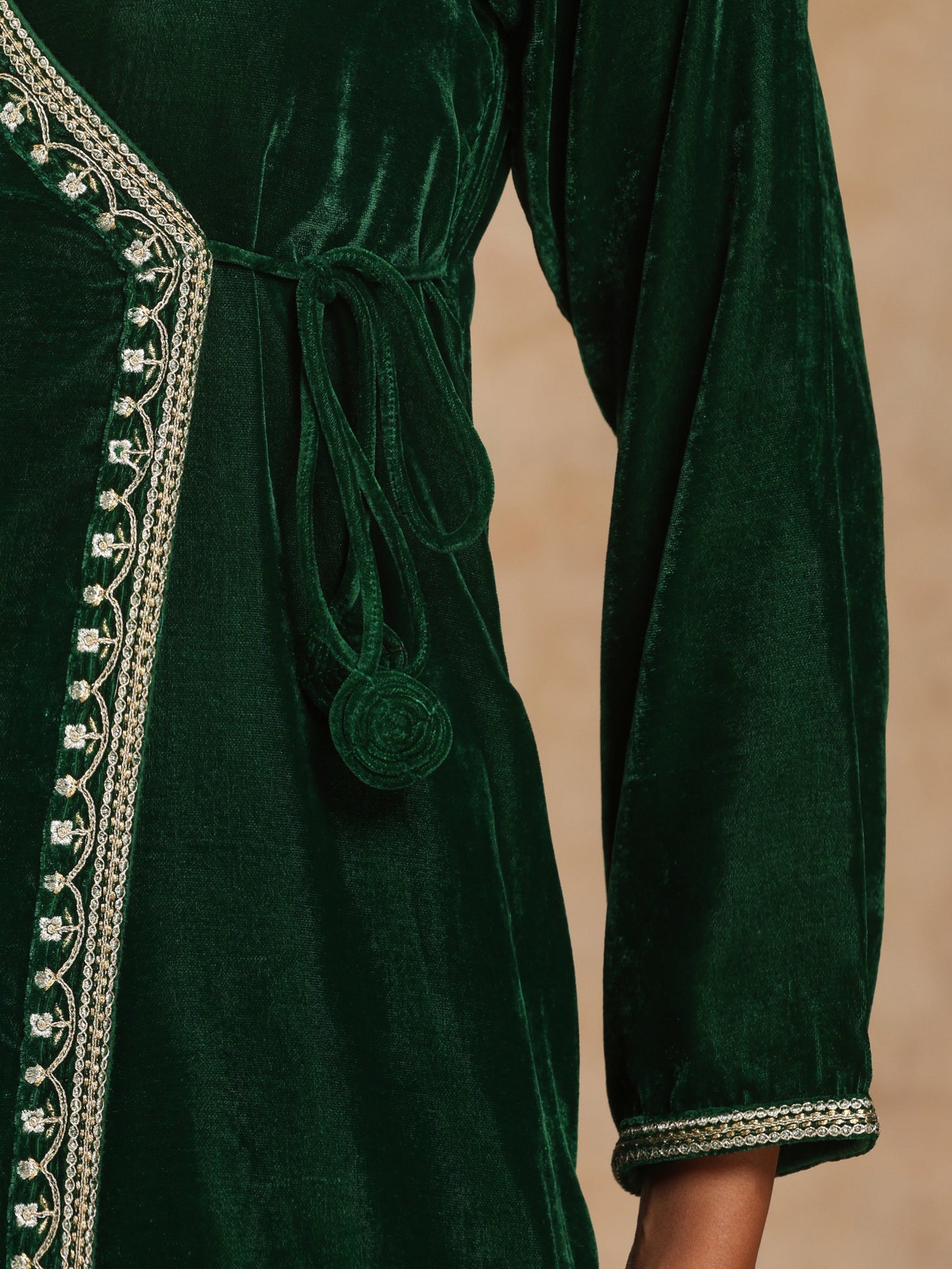 trueBrowns Green Velvet Embroidered Angrakha Kurta | Swadesiicart
