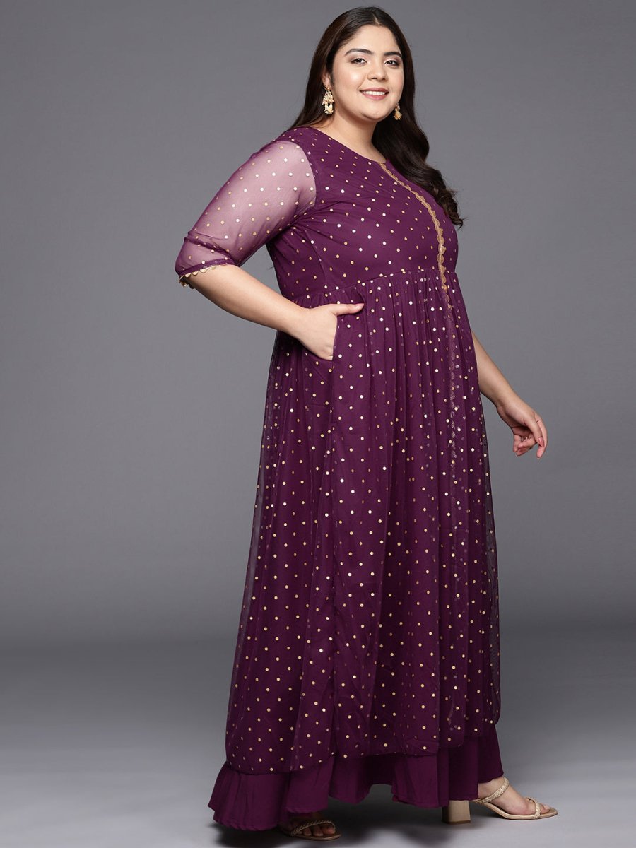 Ahalyaa Plus Size Round neck Net Maxi Ethnic Dress | Swadesiicart