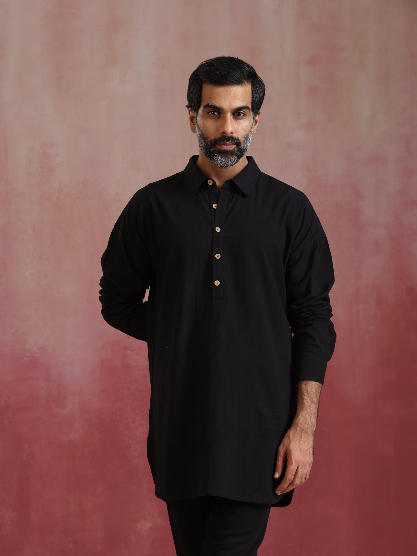 trueBrowns Men's Black Cotton Shirt Collar Stylized Kurta Co-ord set - Swadesiicart