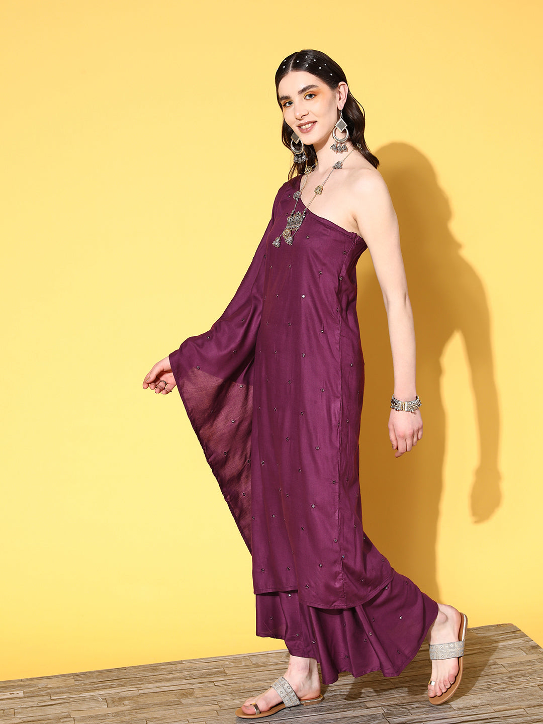 InWeave Women's Wine Mirror Work One Shoulder Kurta Set - Swadesiicart