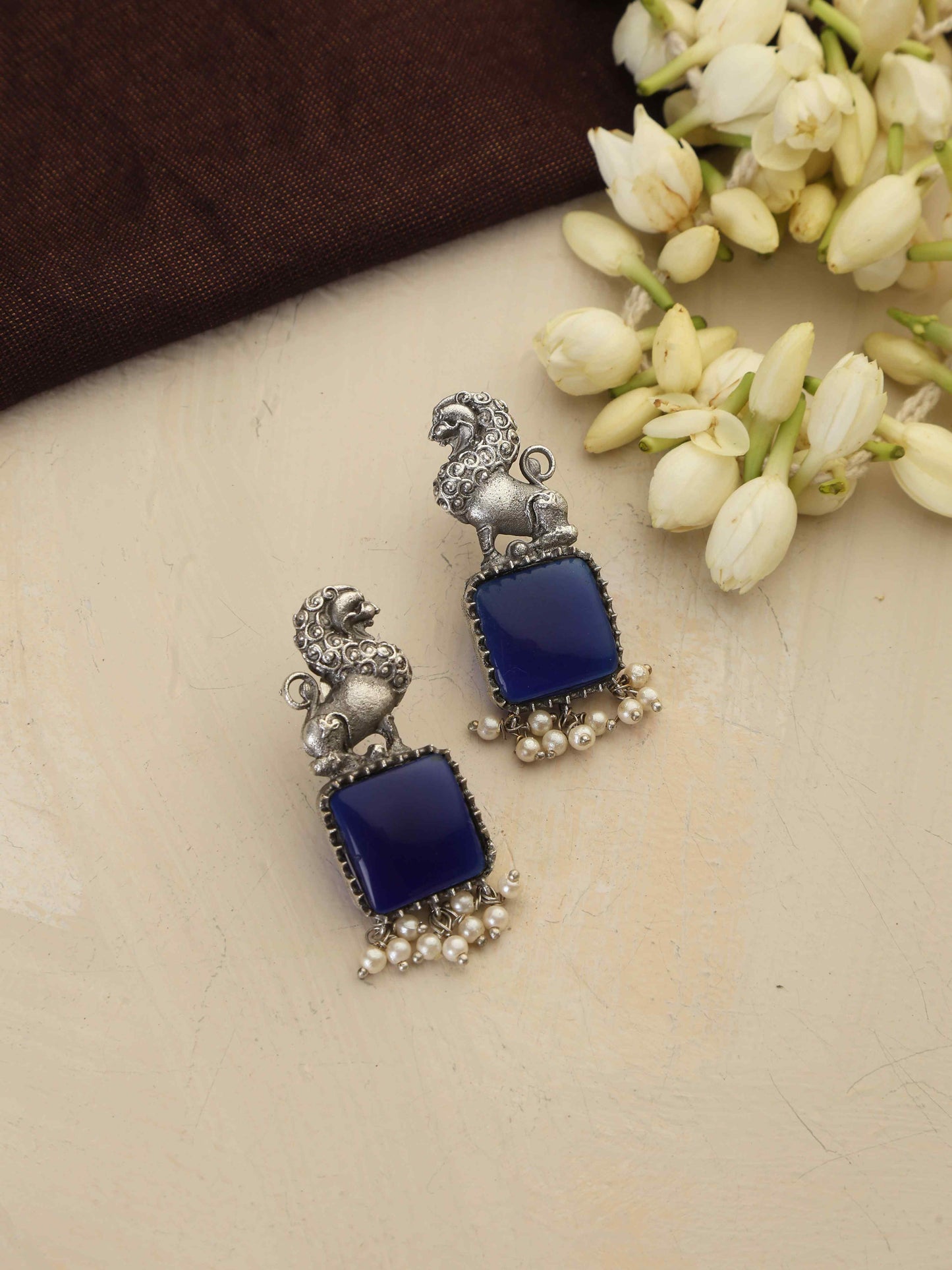 trueBrowns Silver Tone Turquise Stone Earrings - Swadesiicart