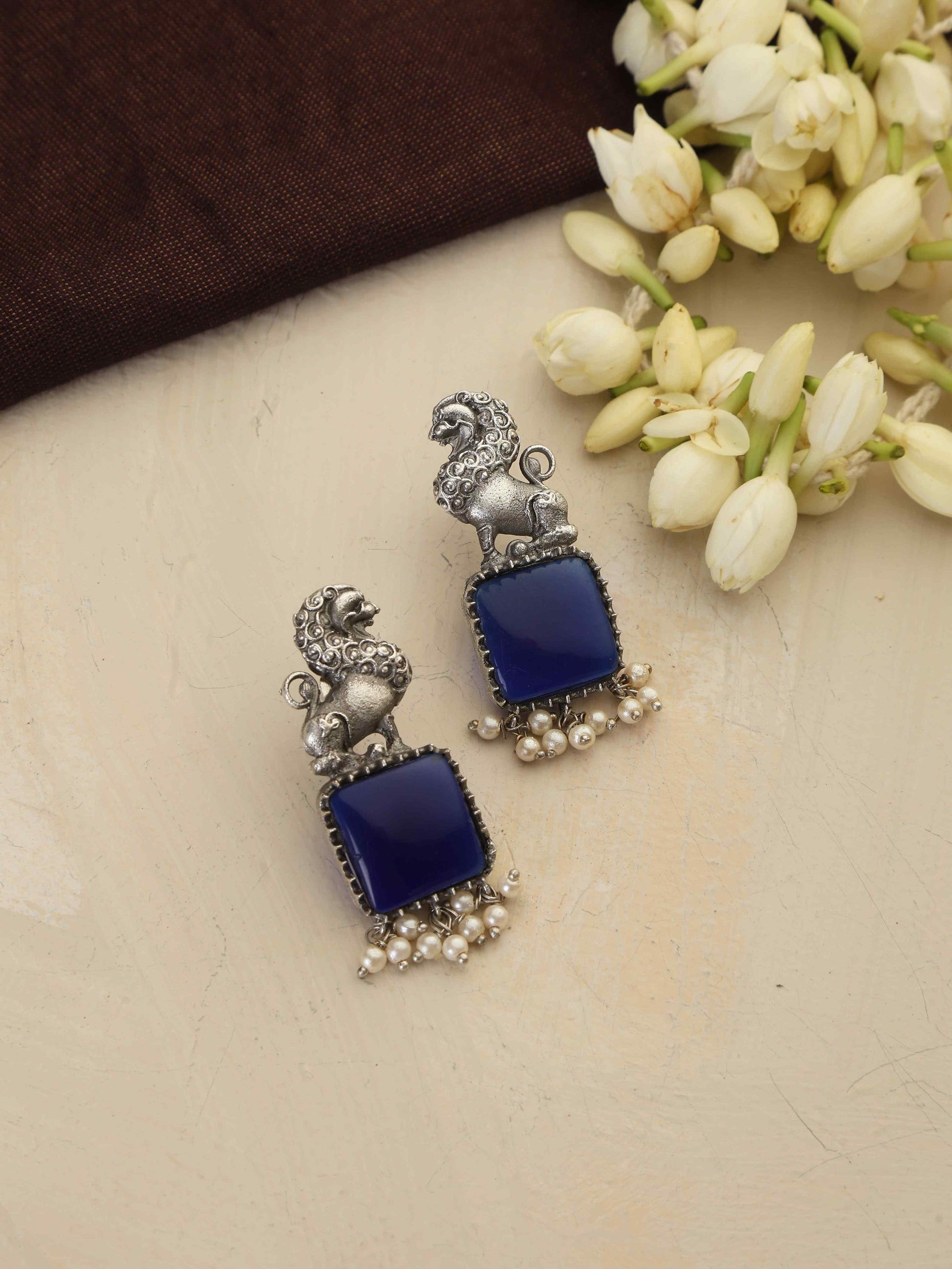 trueBrowns Silver Tone Turquise Stone Earrings - Swadesiicart