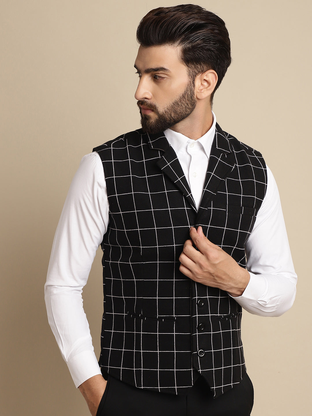Even Apparels Men's Black Wool Waistcoat with Notched Lapel | Swadesiicart