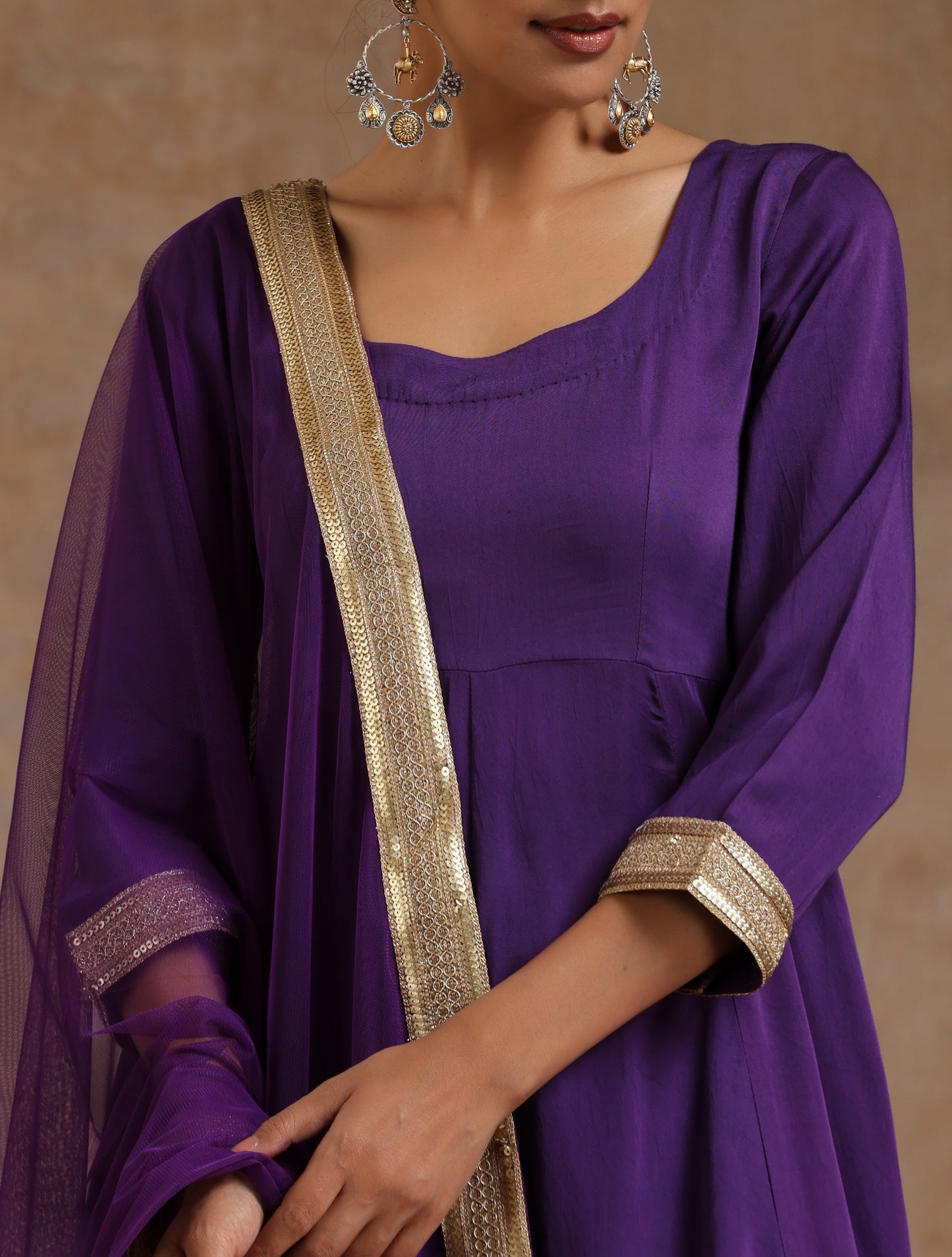 trueBrowns Violet Modal Satin Anarkali Set | Swadesiicart