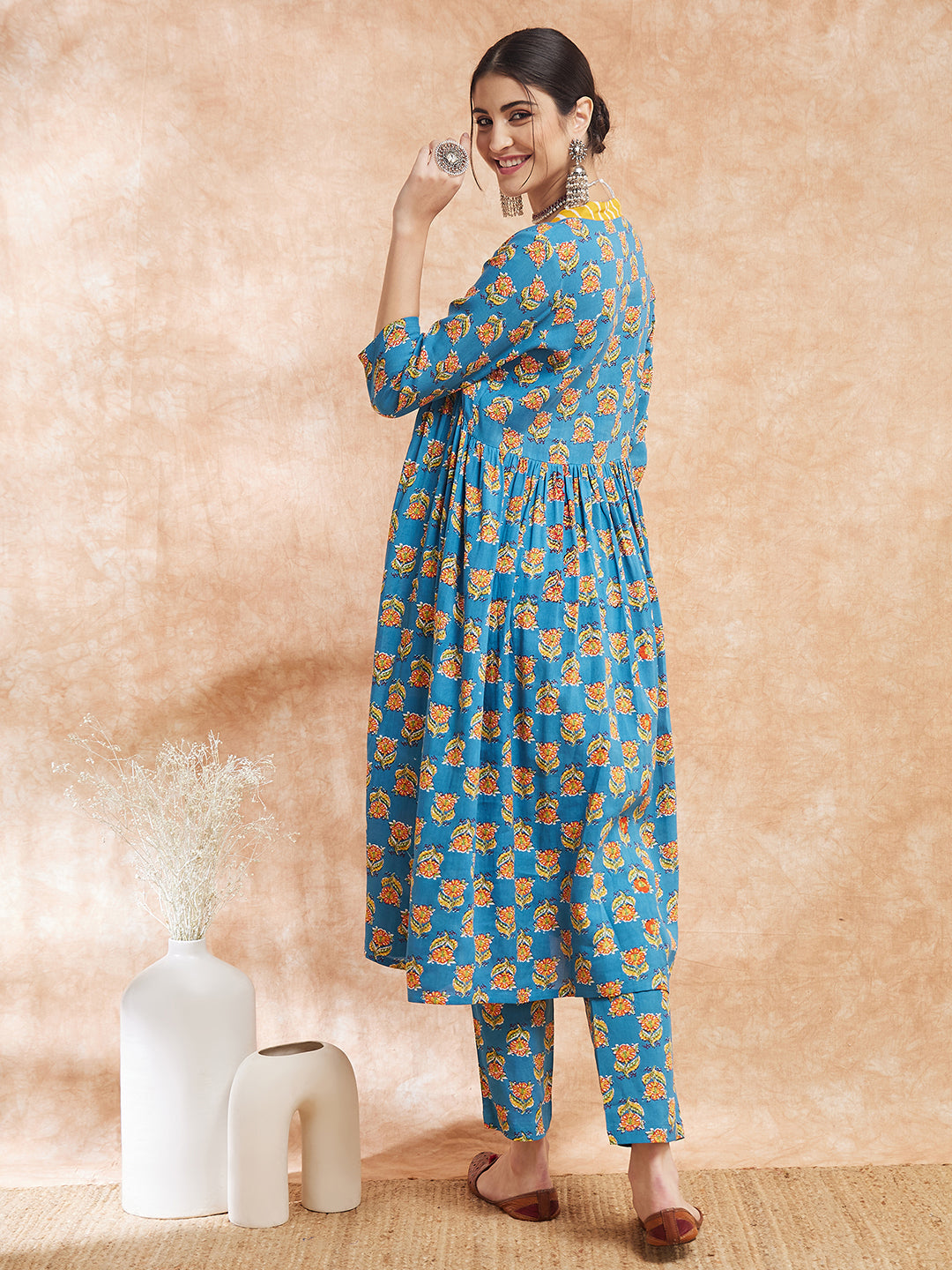 InWeave Women's Blue Orange Floral Yellow White Leh V Neck Kurta Set - Swadesiicart