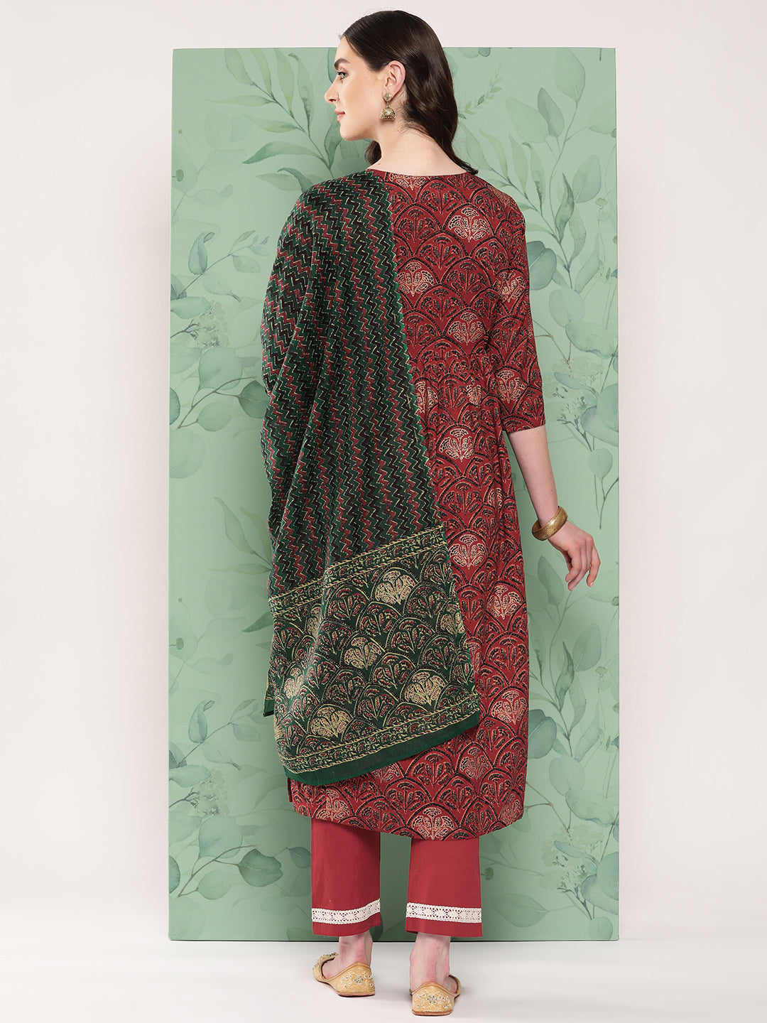 InWeave Women's Long Kurta Set Rust Ajrakh With Green Ajrakh Dupatta - Swadesiicart