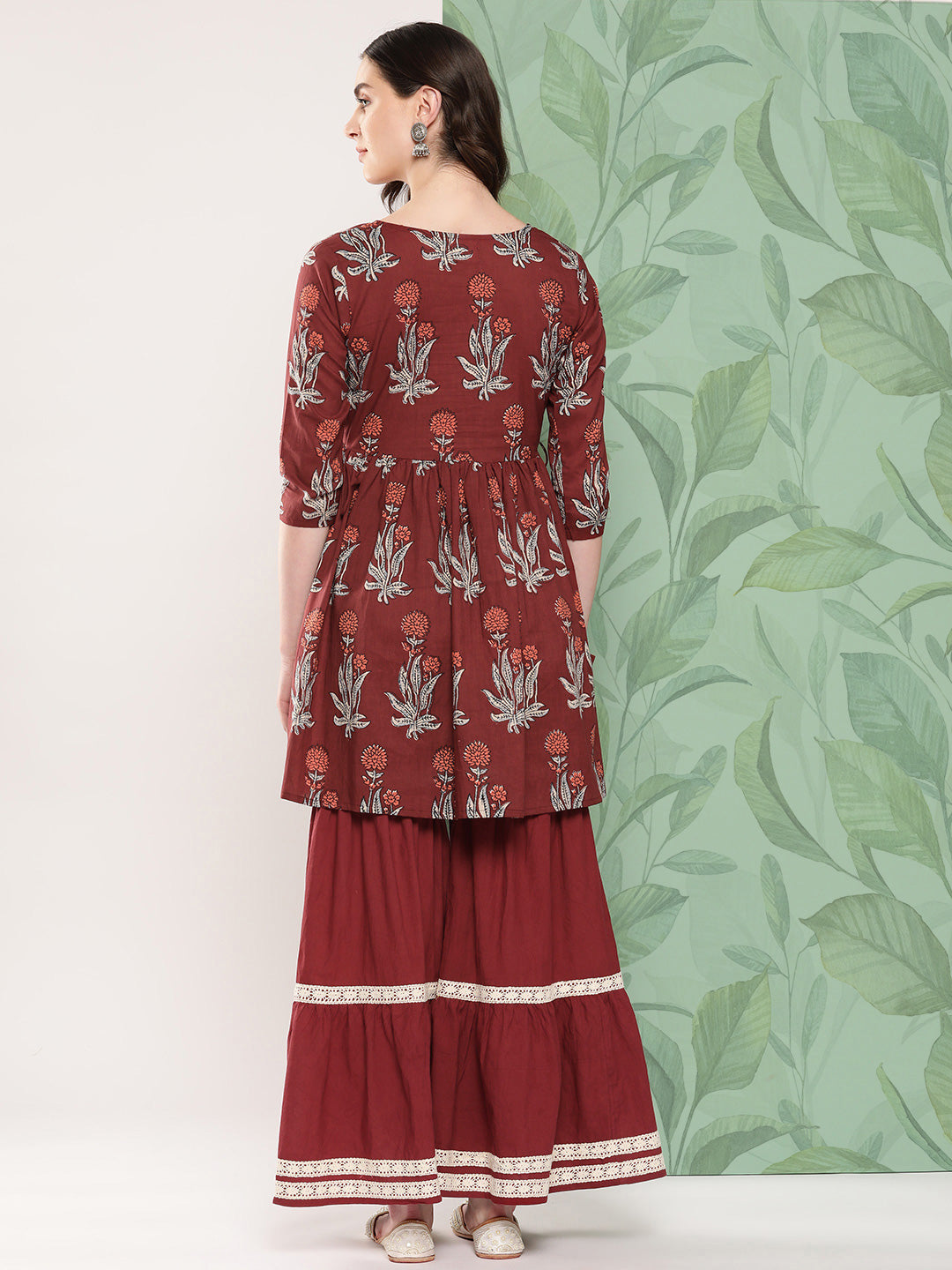 InWeave Women's Brick Rust Boota Sharara Set - Swadesiicart