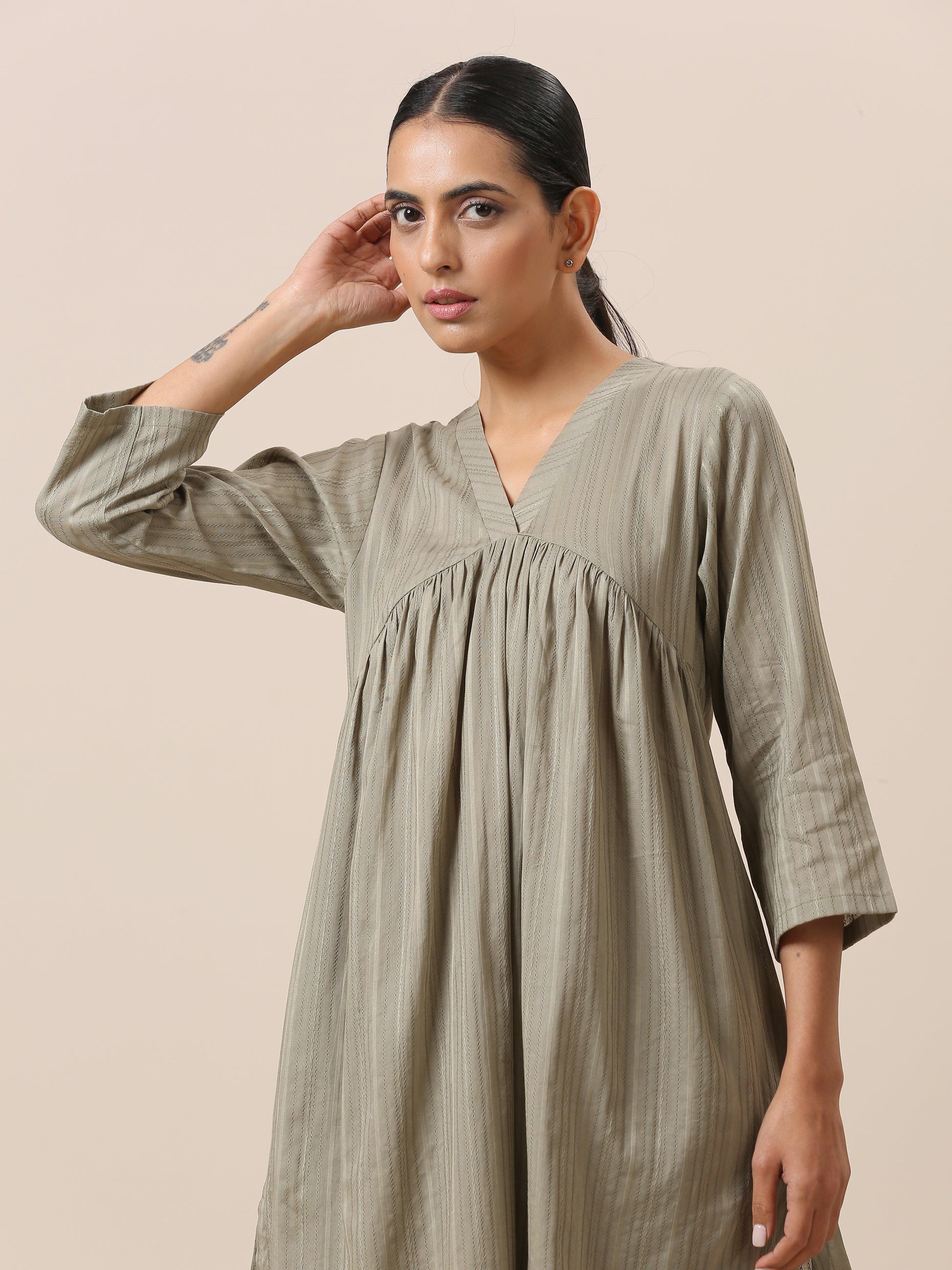 trueBrowns Cotton Olive Green Flared Slit Kurta Pant Set | Swadesiicart