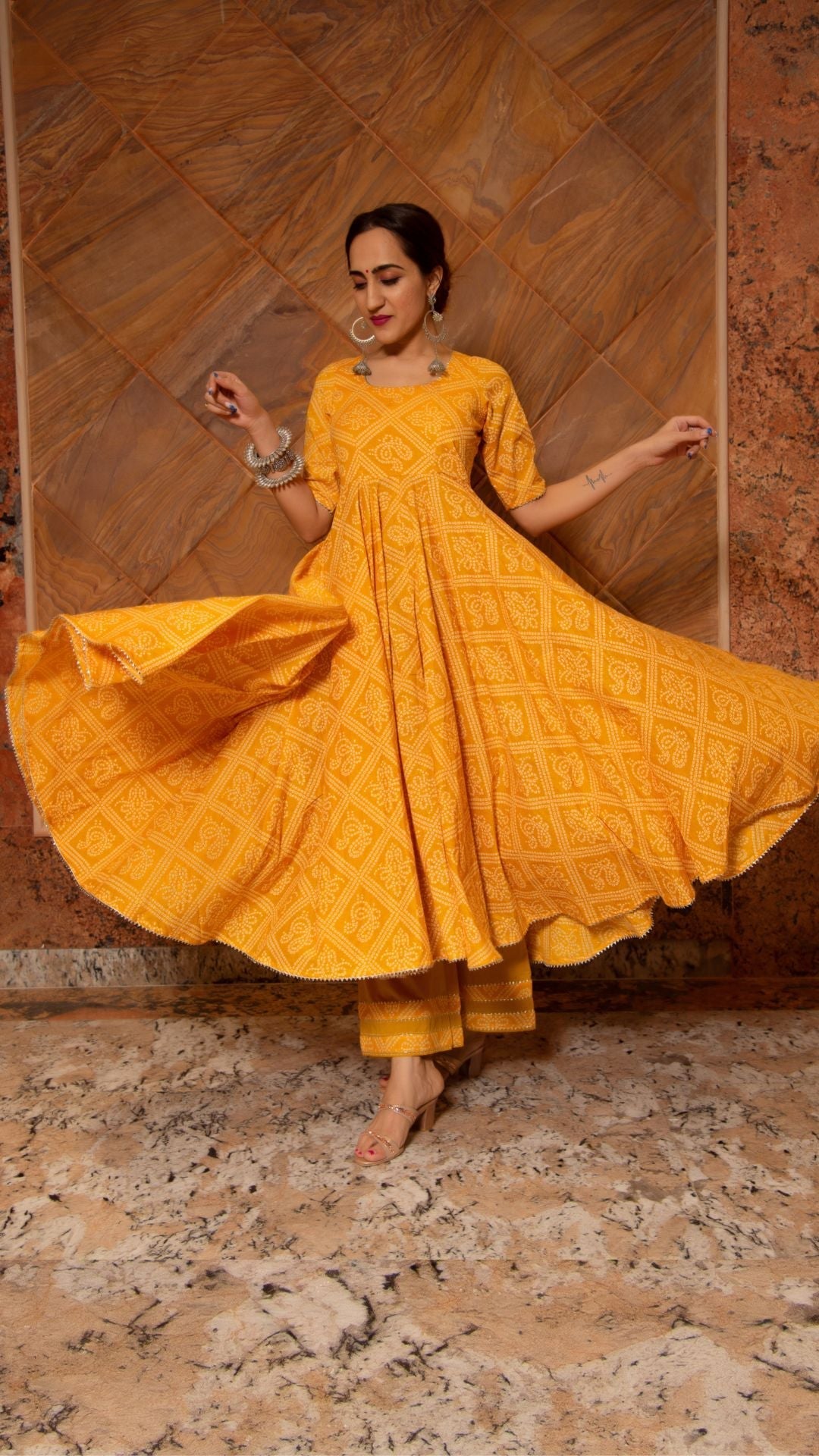 Pomcha Jaipur Bandhej Yellow Cotton Anarkali Set | Swadesiicart