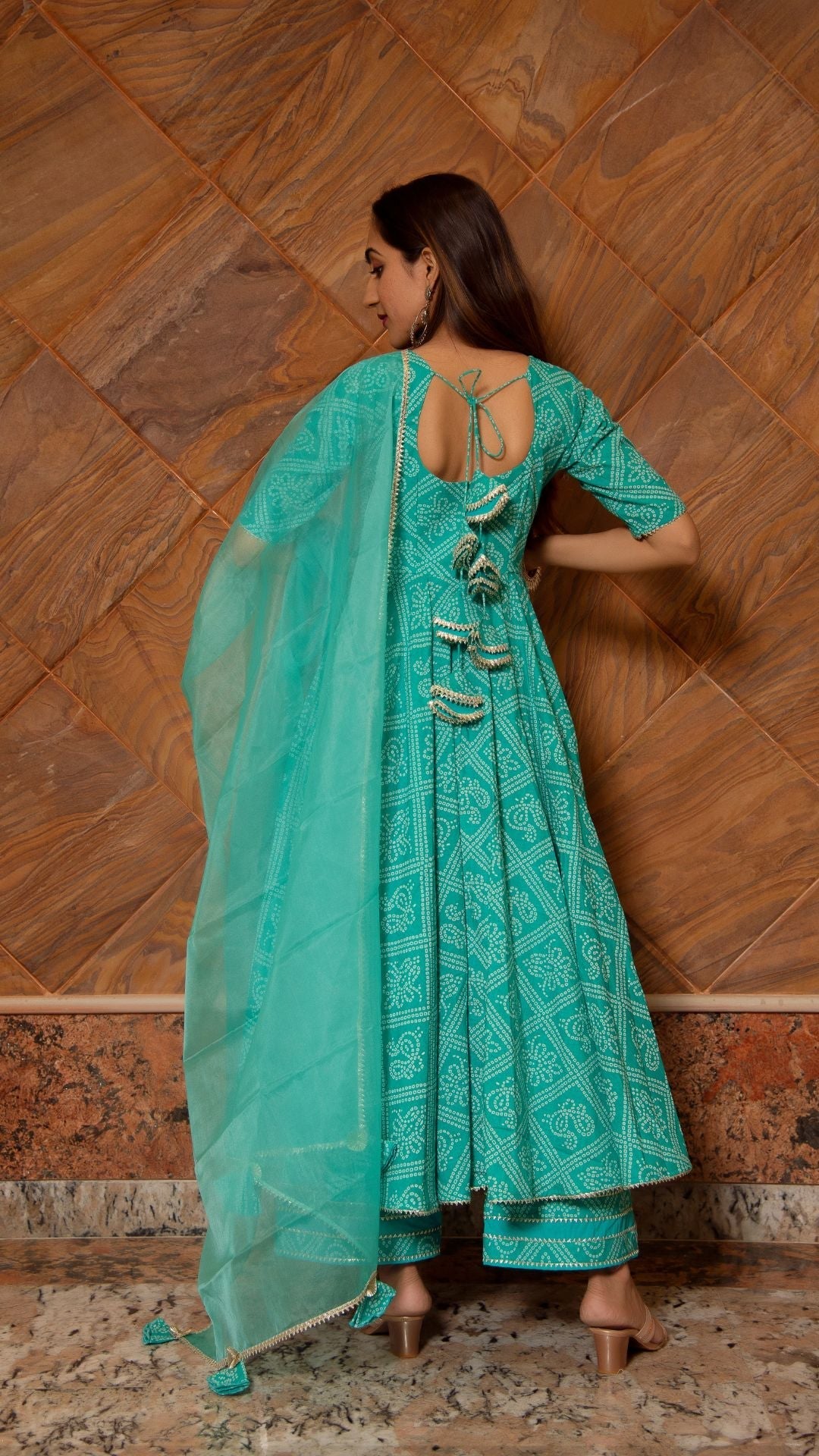 Pomcha Jaipur Bandhej Tiffany Blue Cotton Anarkali Set | Swadesiicart