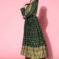 InWeave Women's Bottle Green Gold Border Anarkali Kurta - Swadesiicart