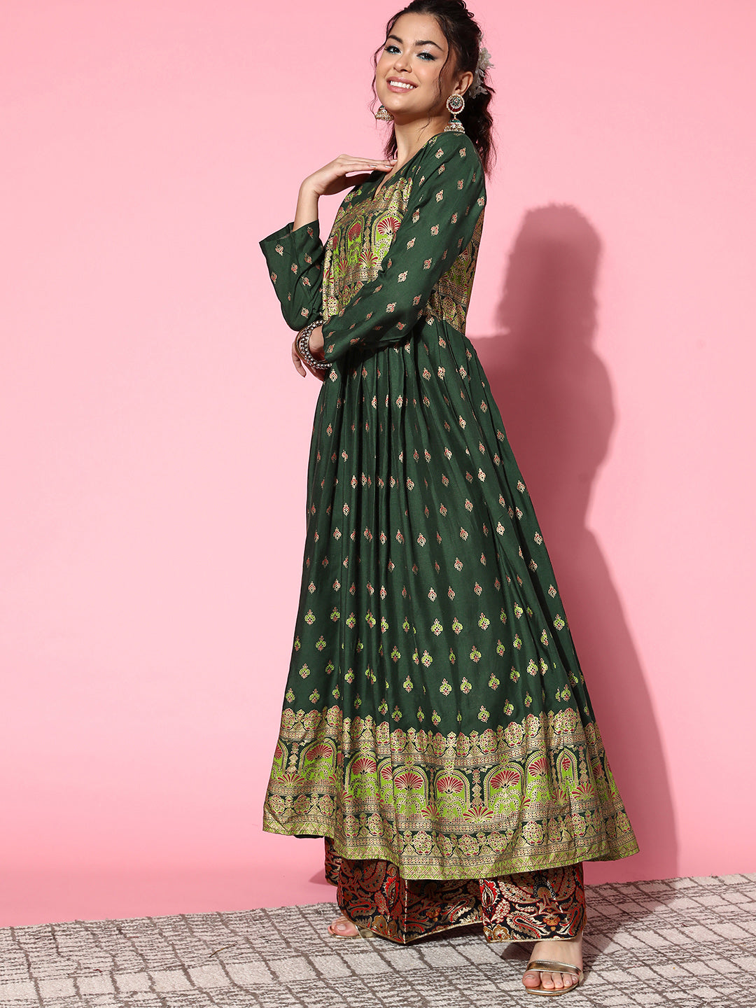 InWeave Women's Bottle Green Gold Border Anarkali Kurta - Swadesiicart