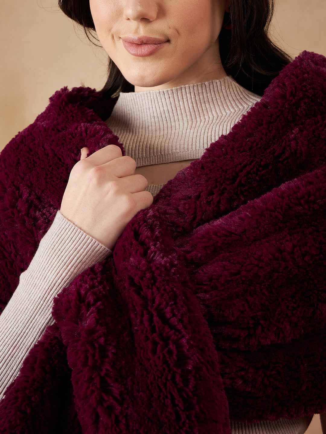 InWeave Women's Burgundy Long Faux Fur Cape - Swadesiicart