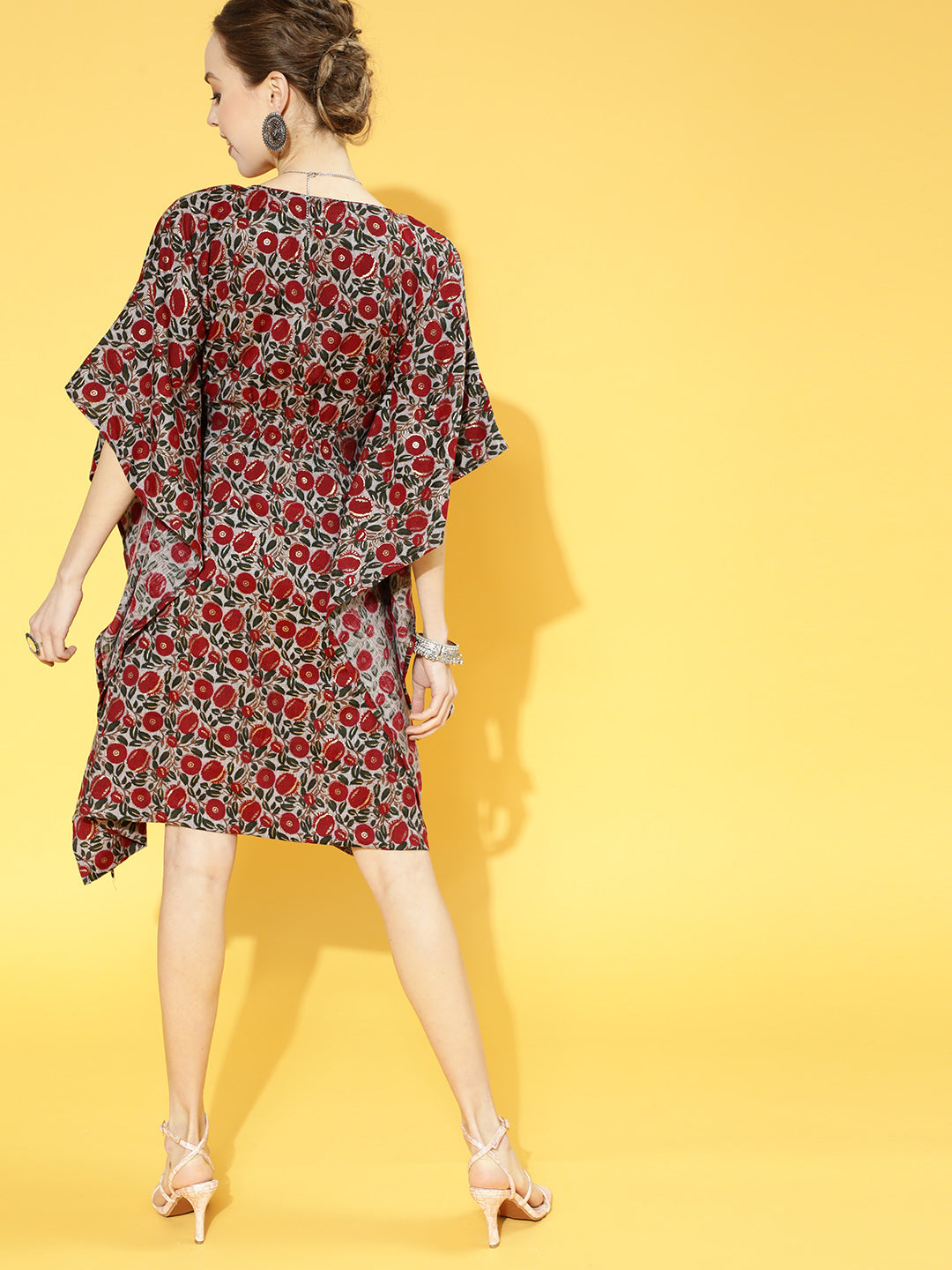 InWeave Women's Maroon Floral Jaal Print Kaftan Dress - Swadesiicart