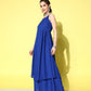 InWeave Women's Ink Blue Strappy Kurta Set With Peach Organza Cape - Swadesiicart