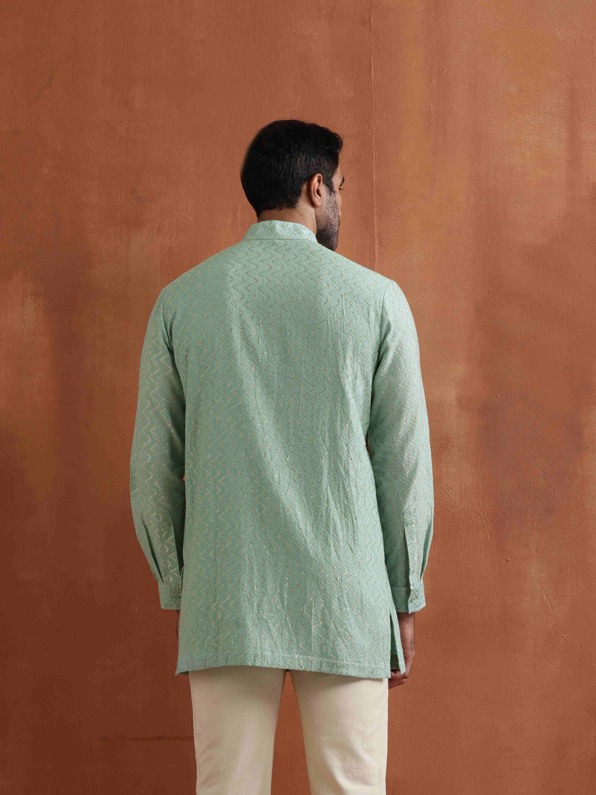 trueBrowns Men's Green Cotton Dobby Front Open Short Kurta | Swadesiicart
