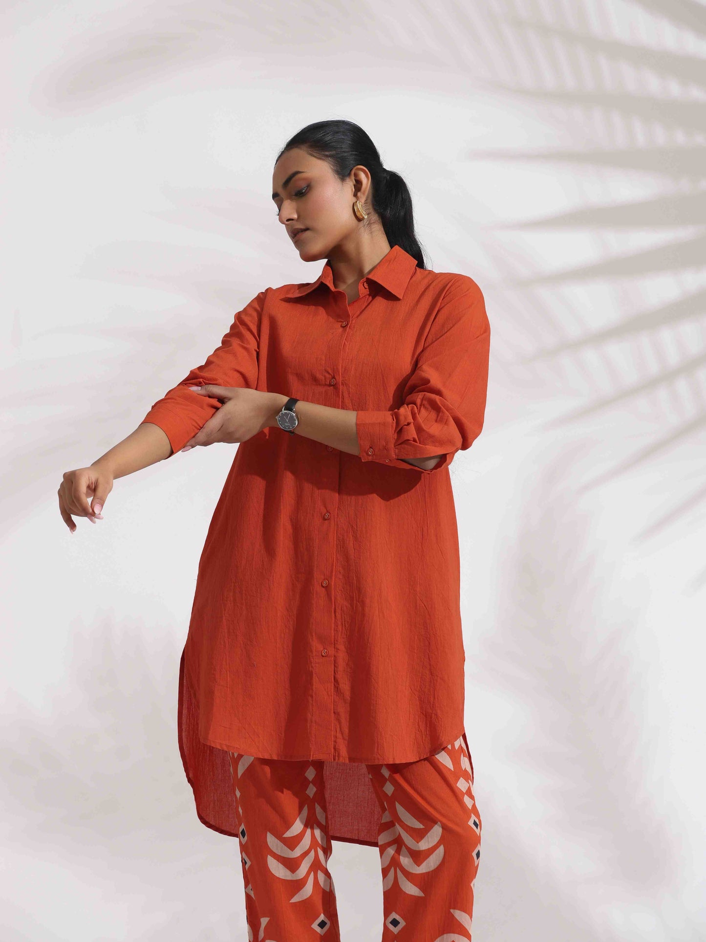 trueBrowns Orange Cotton Solid Shirt Kurta Co-ord Set - Swadesiicart