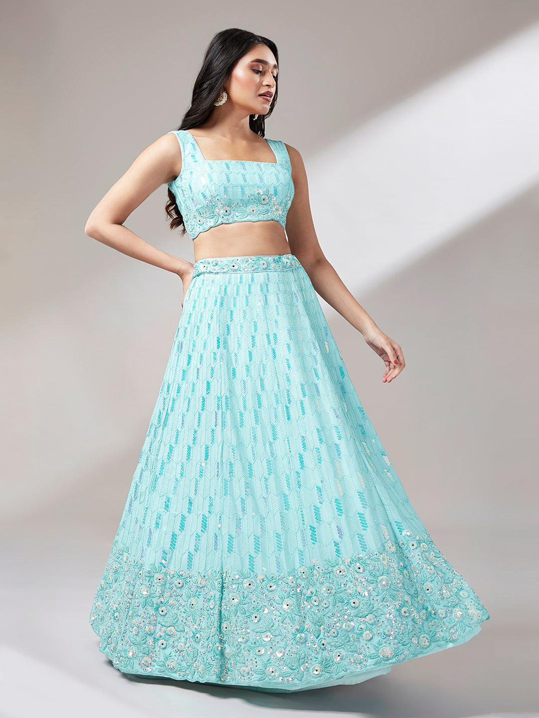 House of Panchhi Turquoise Blue Georgette Sequinse Embroidery Lehenga Choli & Dupatta | Swadesiicart