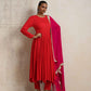 trueBrowns Red Crinkle Anarkali Kurta Pant Dupatta Set | Swadesiicart