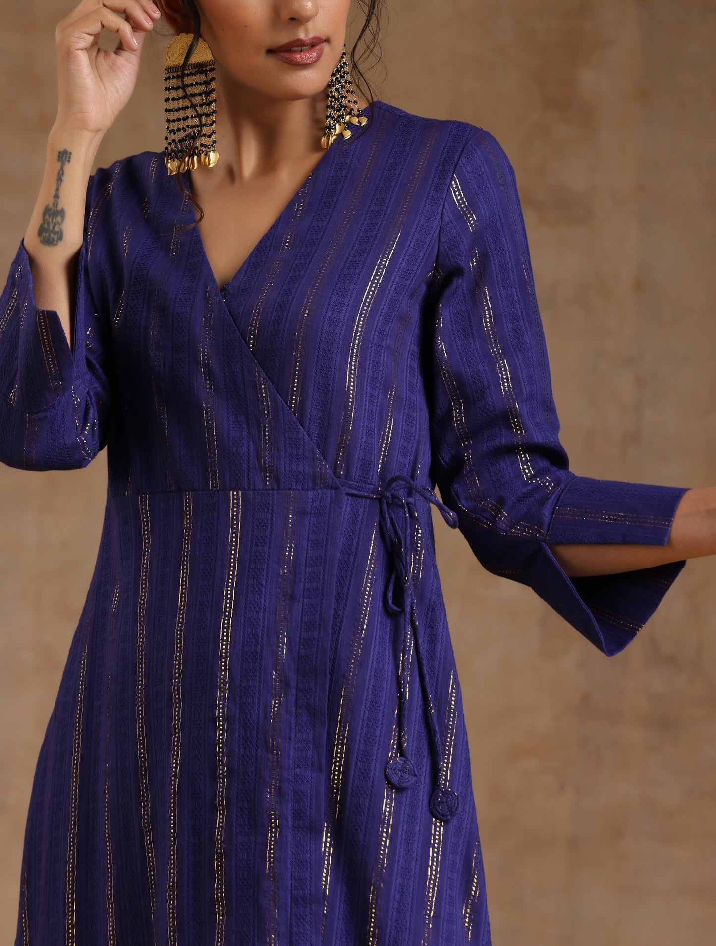 trueBrowns Spectrum Blue Gold Cotton Angrakha Kurta Set | Swadesiicart